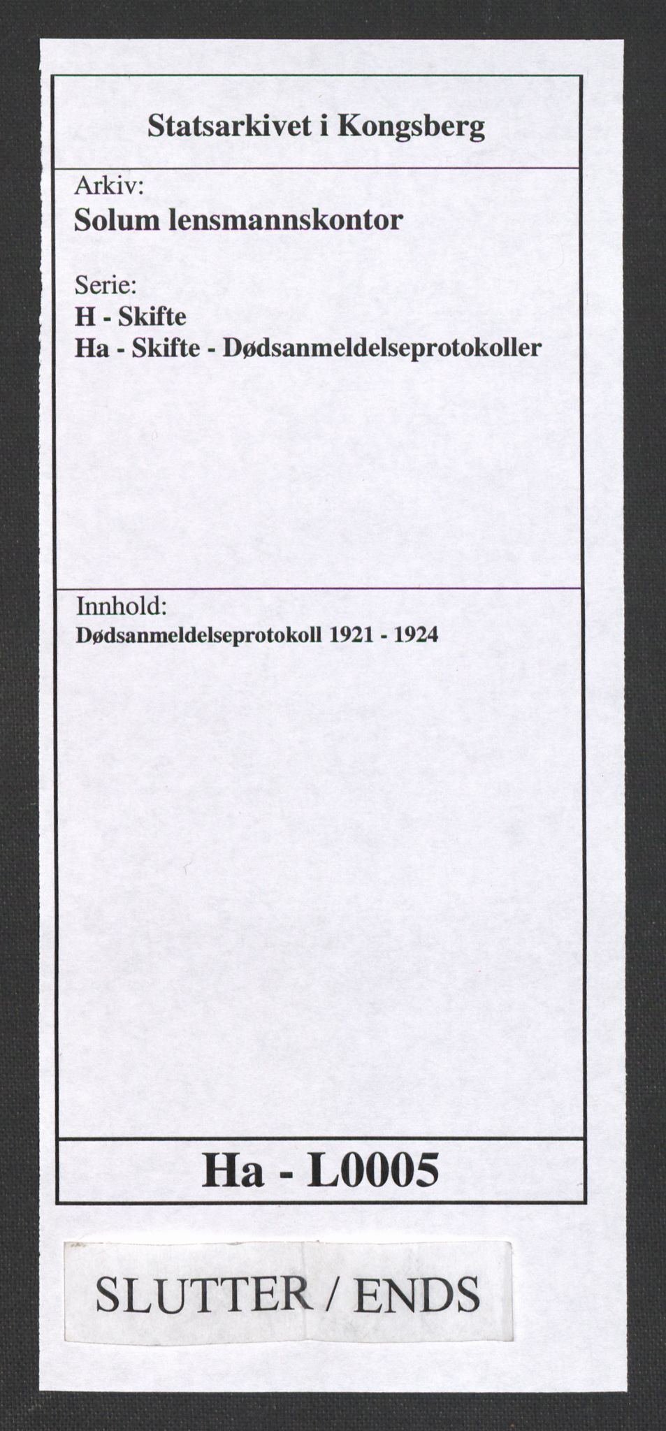 Solum lensmannskontor, AV/SAKO-A-575/H/Ha/L0005: Dødsanmeldelsesprotokoll, 1921-1924