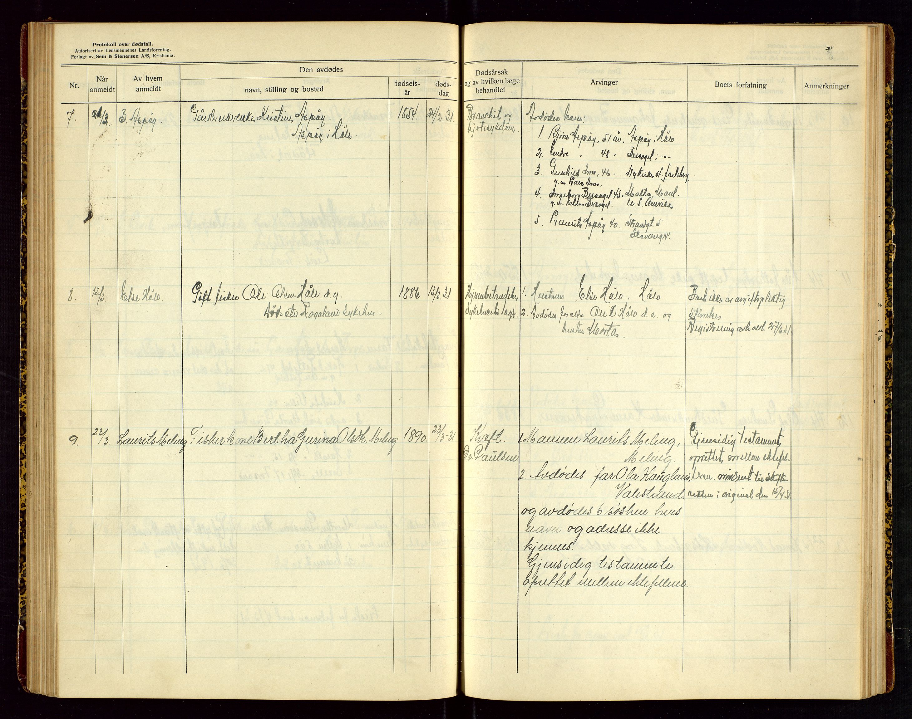 Høle og Forsand lensmannskontor, AV/SAST-A-100127/Gga/L0004: "Protokoll over anmeldte dødsfall i Høle og Forsand lensmannsdistrikt", 1925-1934