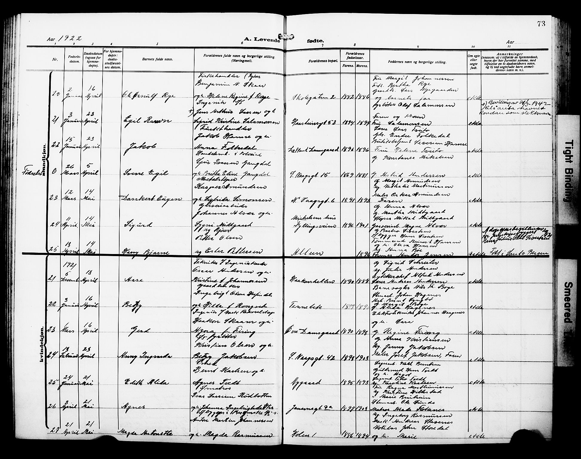 Laksevåg Sokneprestembete, AV/SAB-A-76501/H/Ha/Hab/Haba/L0006: Klokkerbok nr. A 6, 1917-1925, s. 73