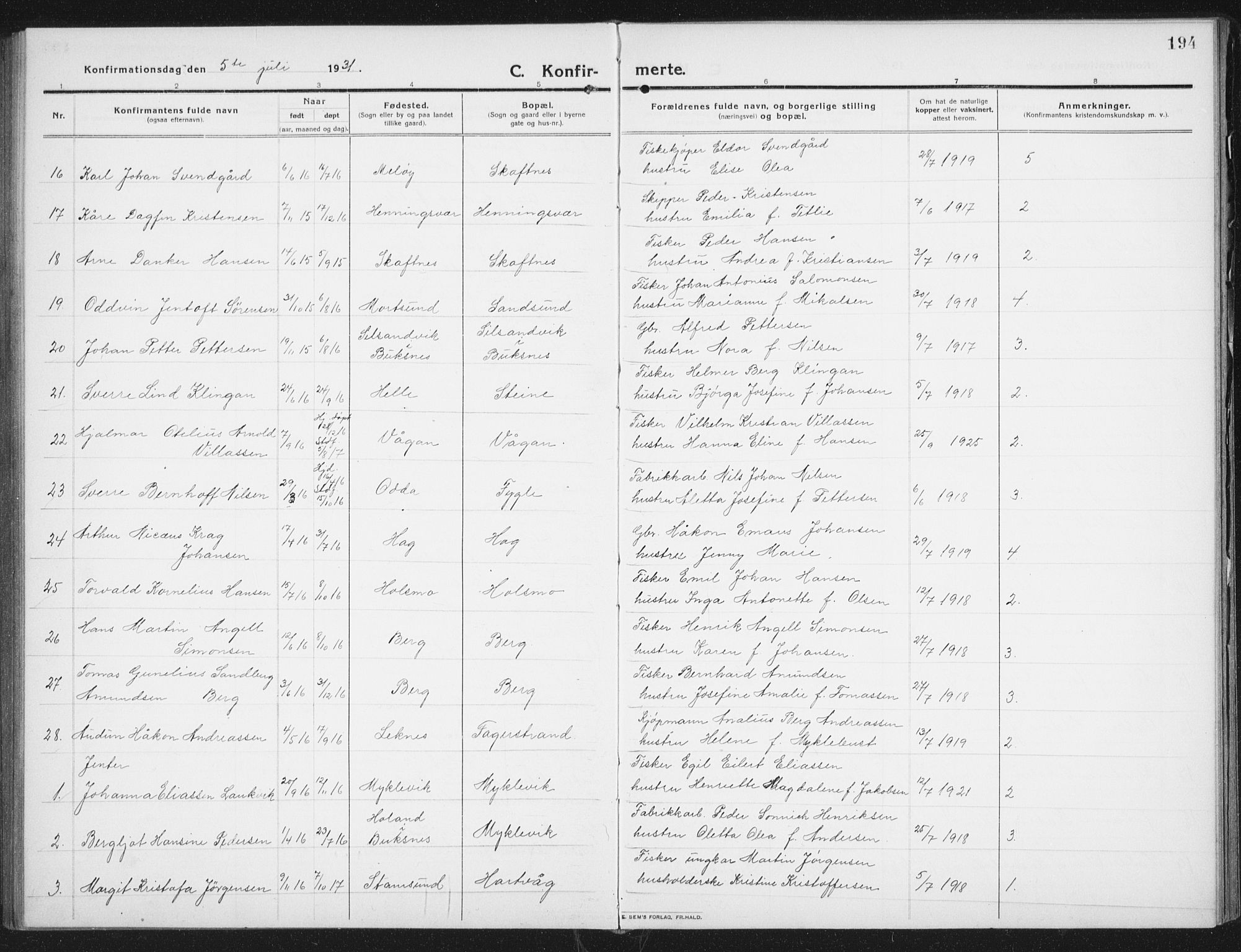 Ministerialprotokoller, klokkerbøker og fødselsregistre - Nordland, SAT/A-1459/882/L1183: Klokkerbok nr. 882C01, 1911-1938, s. 194