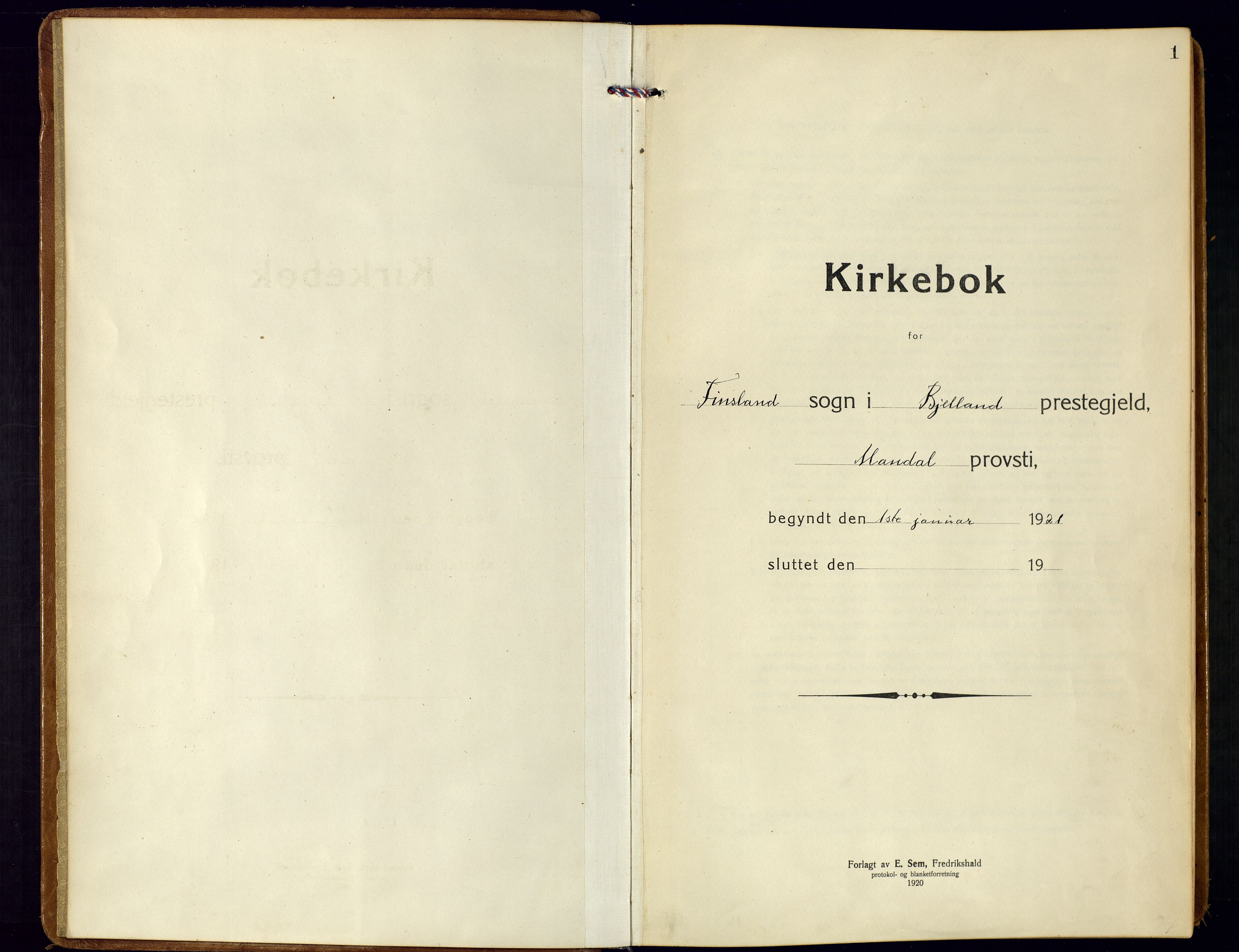 Bjelland sokneprestkontor, SAK/1111-0005/F/Fa/Fab/L0005: Ministerialbok nr. A 5, 1921-1951, s. 1
