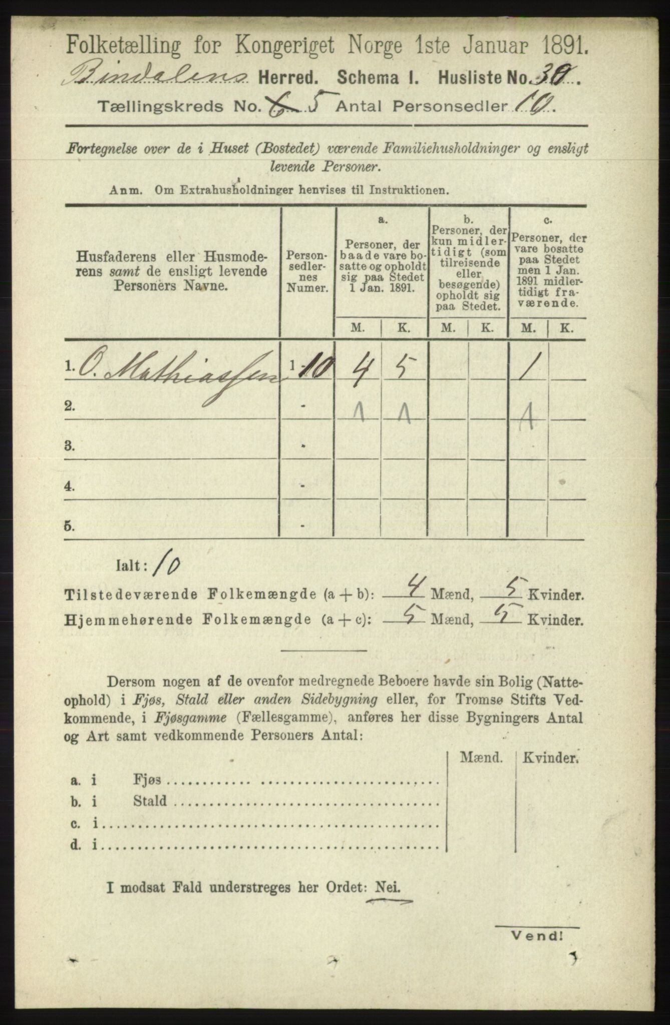 RA, Folketelling 1891 for 1811 Bindal herred, 1891, s. 1299