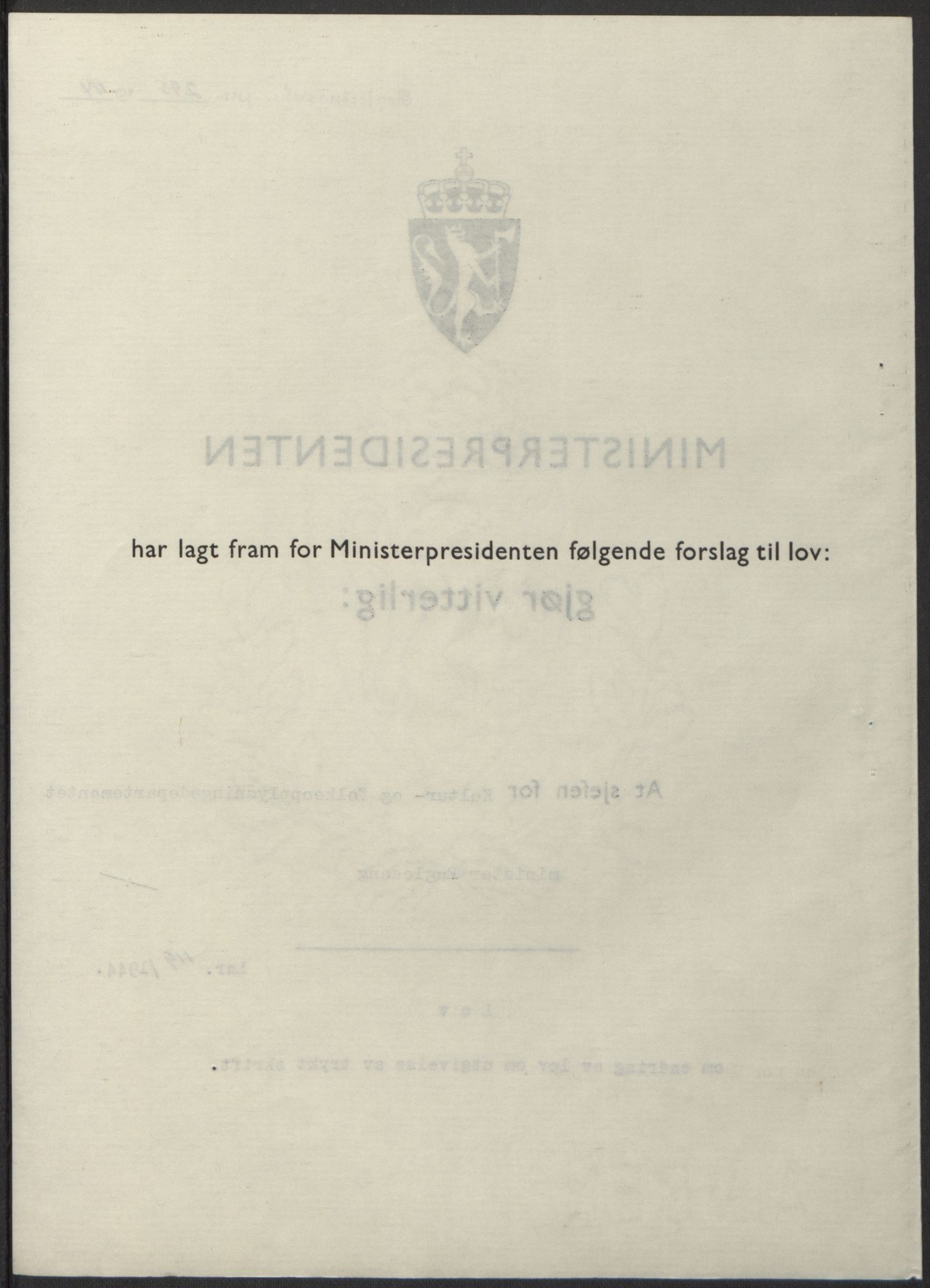 NS-administrasjonen 1940-1945 (Statsrådsekretariatet, de kommisariske statsråder mm), RA/S-4279/D/Db/L0100: Lover, 1944, s. 567