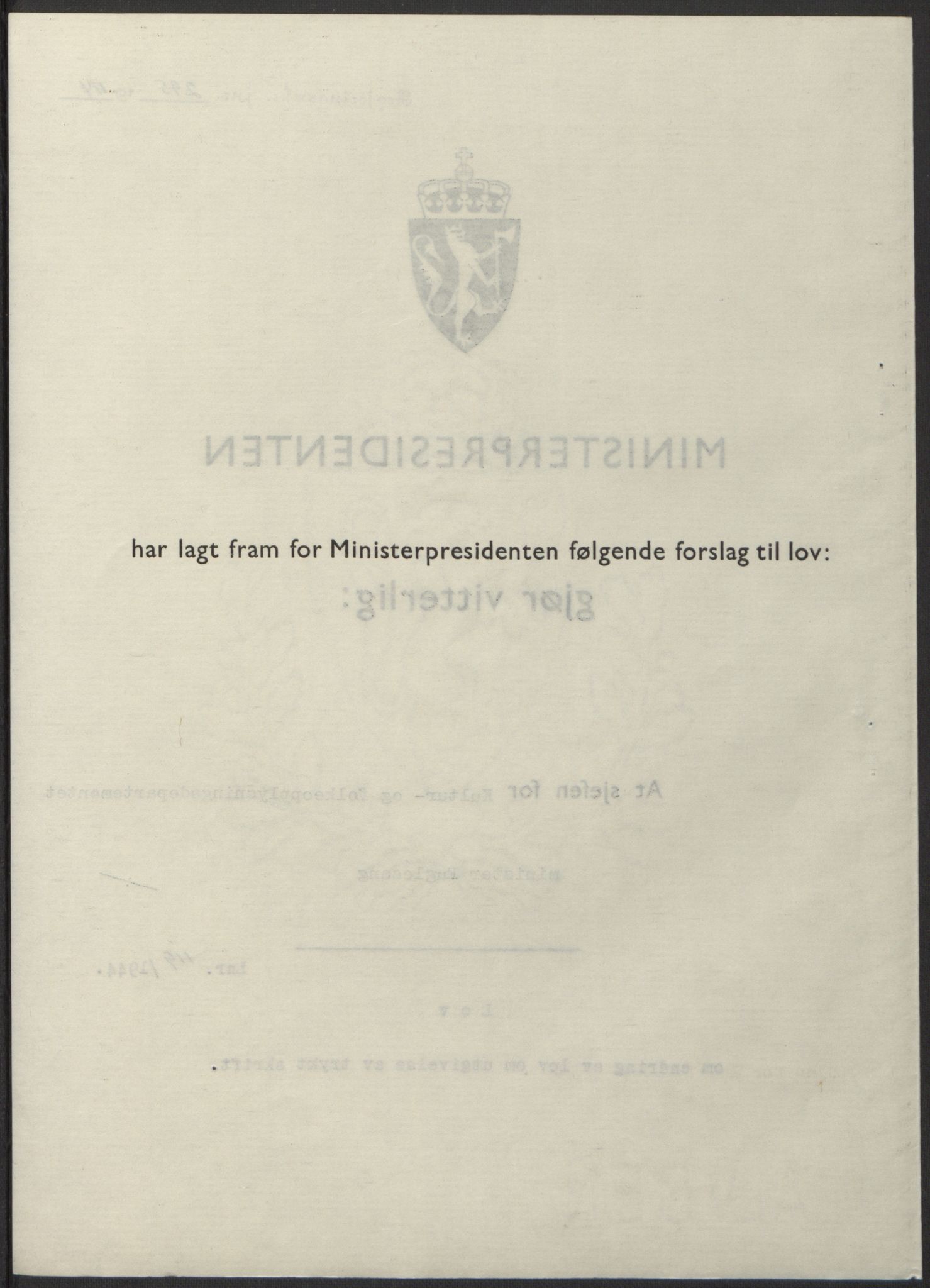 NS-administrasjonen 1940-1945 (Statsrådsekretariatet, de kommisariske statsråder mm), AV/RA-S-4279/D/Db/L0100: Lover, 1944, s. 567