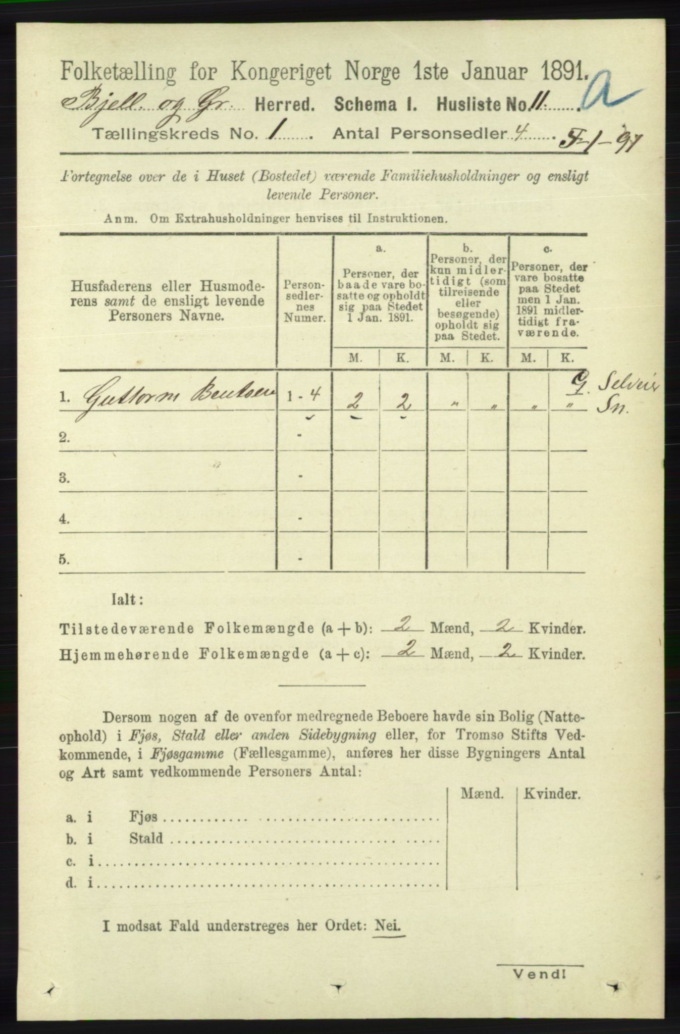 RA, Folketelling 1891 for 1024 Bjelland og Grindheim herred, 1891, s. 33