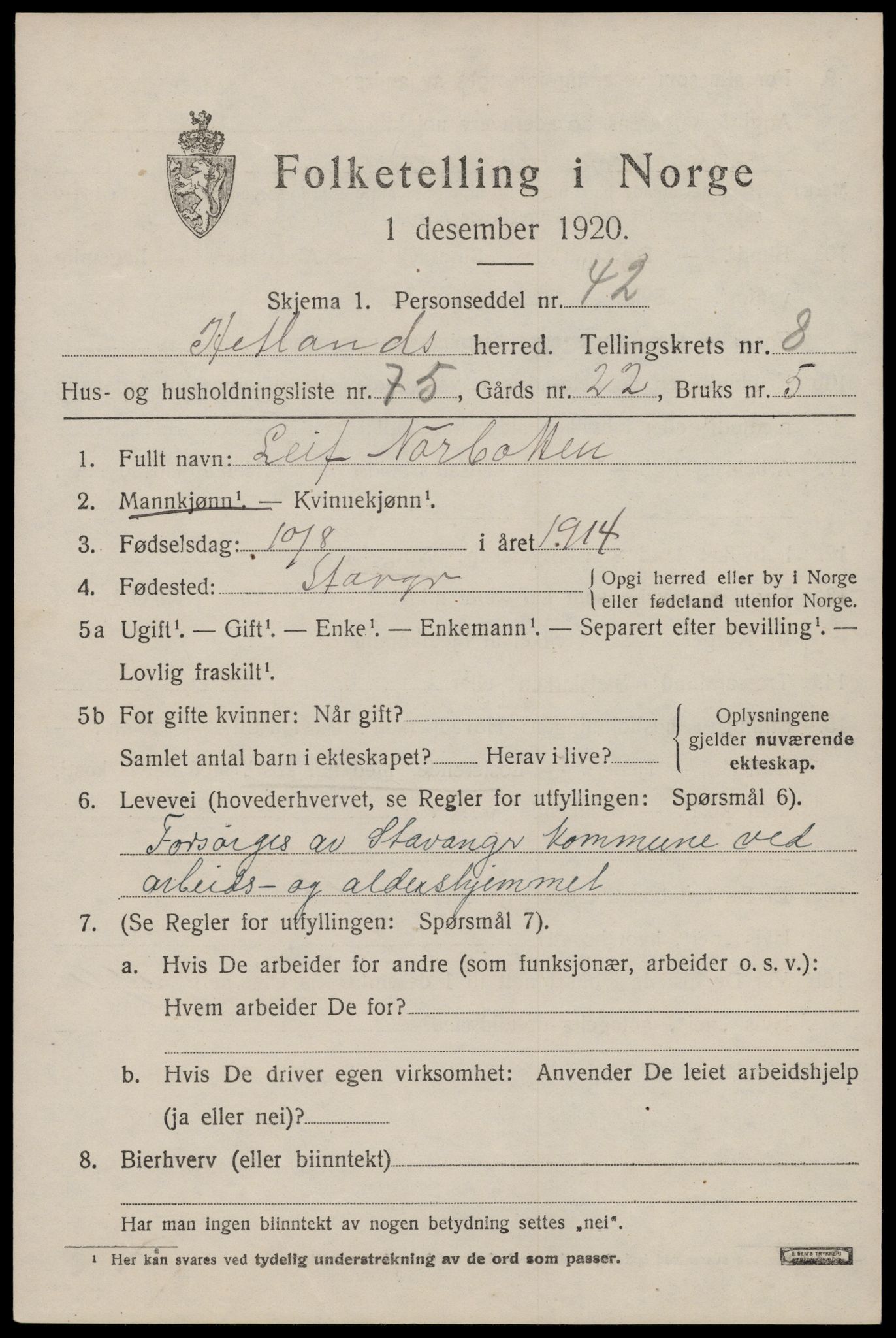 SAST, Folketelling 1920 for 1126 Hetland herred, 1920, s. 16807