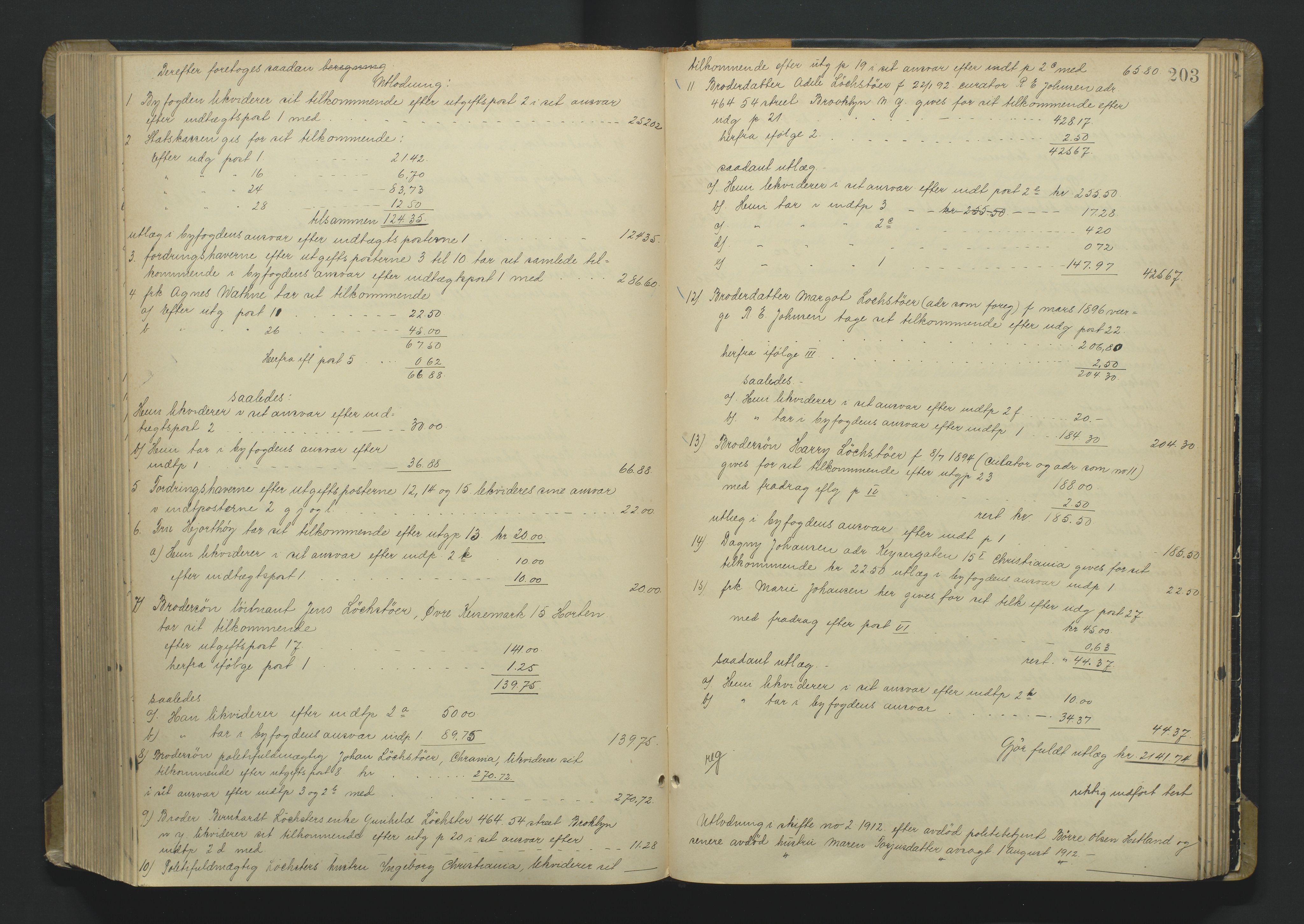 Kristiansand byrett, AV/SAK-1223-0001/H/Hc/L0060: Skifteutlodningsprotokoll nr. 6, med register, 1903-1916, s. 203