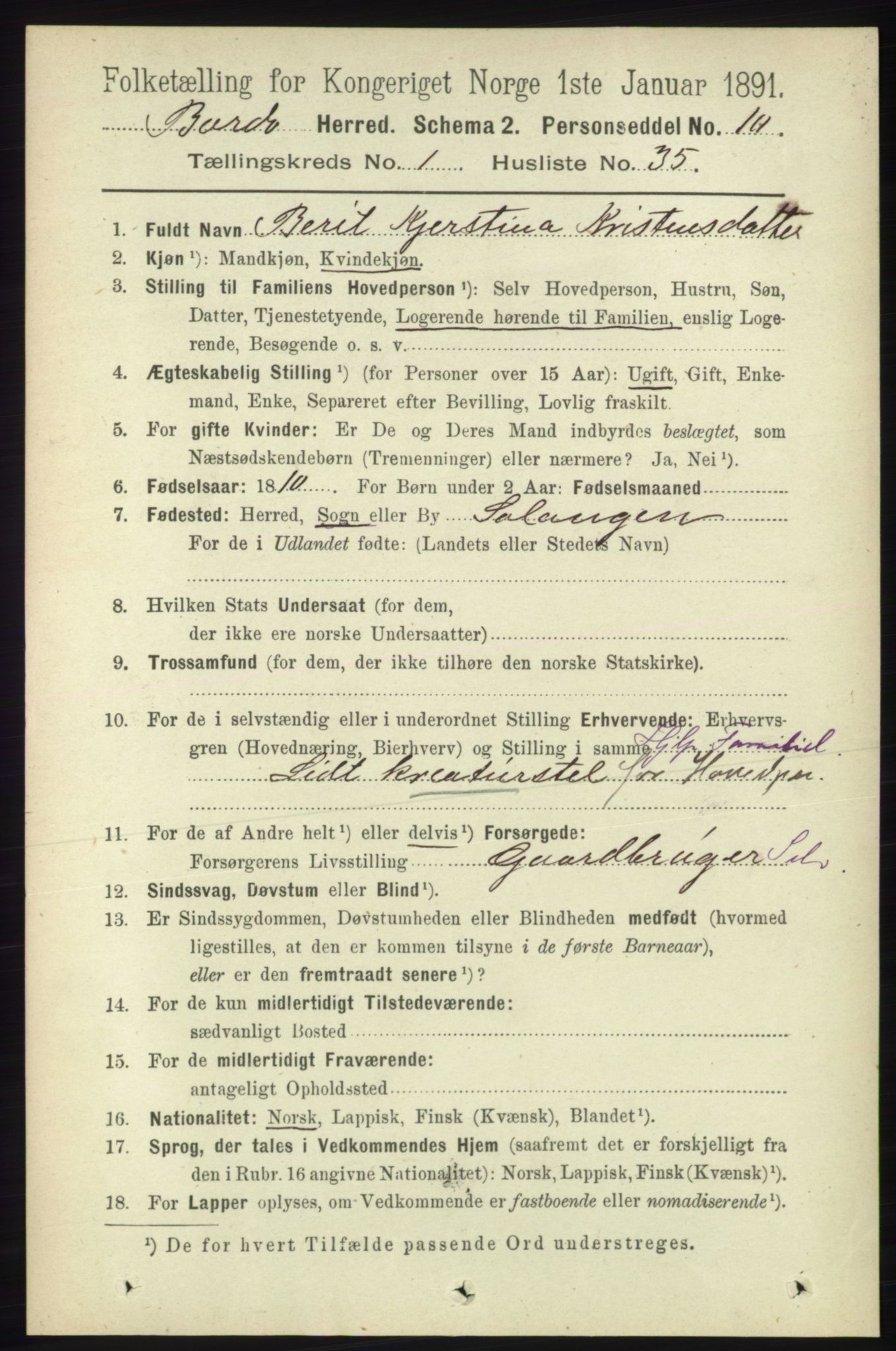 RA, Folketelling 1891 for 1922 Bardu herred, 1891, s. 333