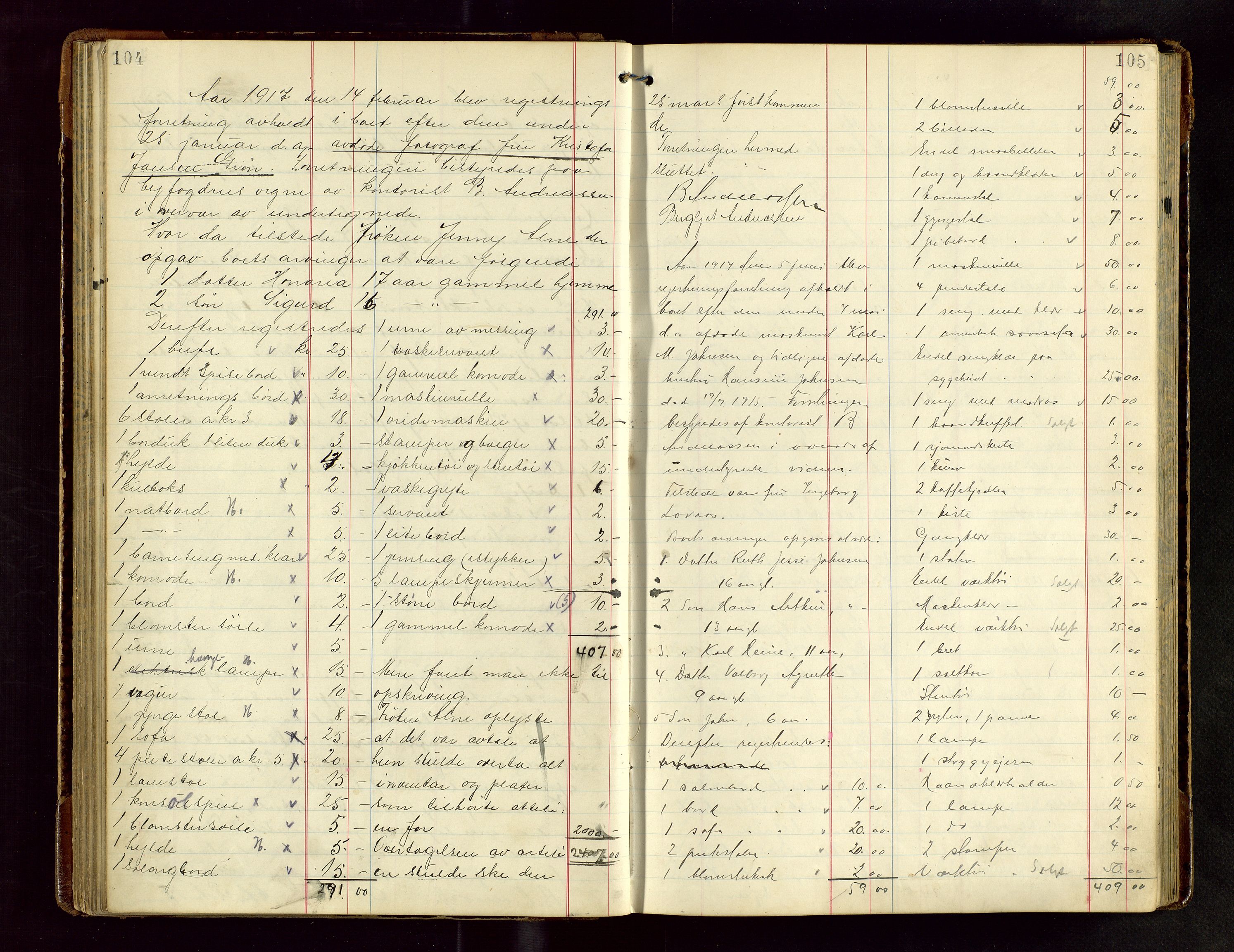 Haugesund tingrett, AV/SAST-A-101415/01/IV/IVB/L0004: Skifteregistreringsprotokoll, med register, 1914-1923, s. 104-105
