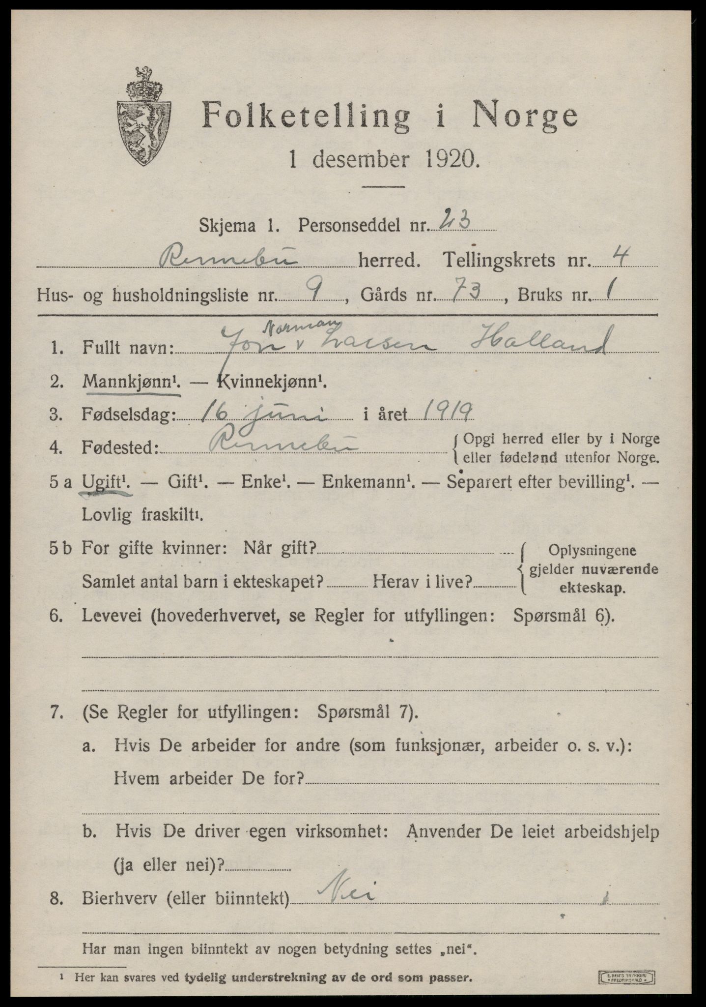 SAT, Folketelling 1920 for 1635 Rennebu herred, 1920, s. 2694