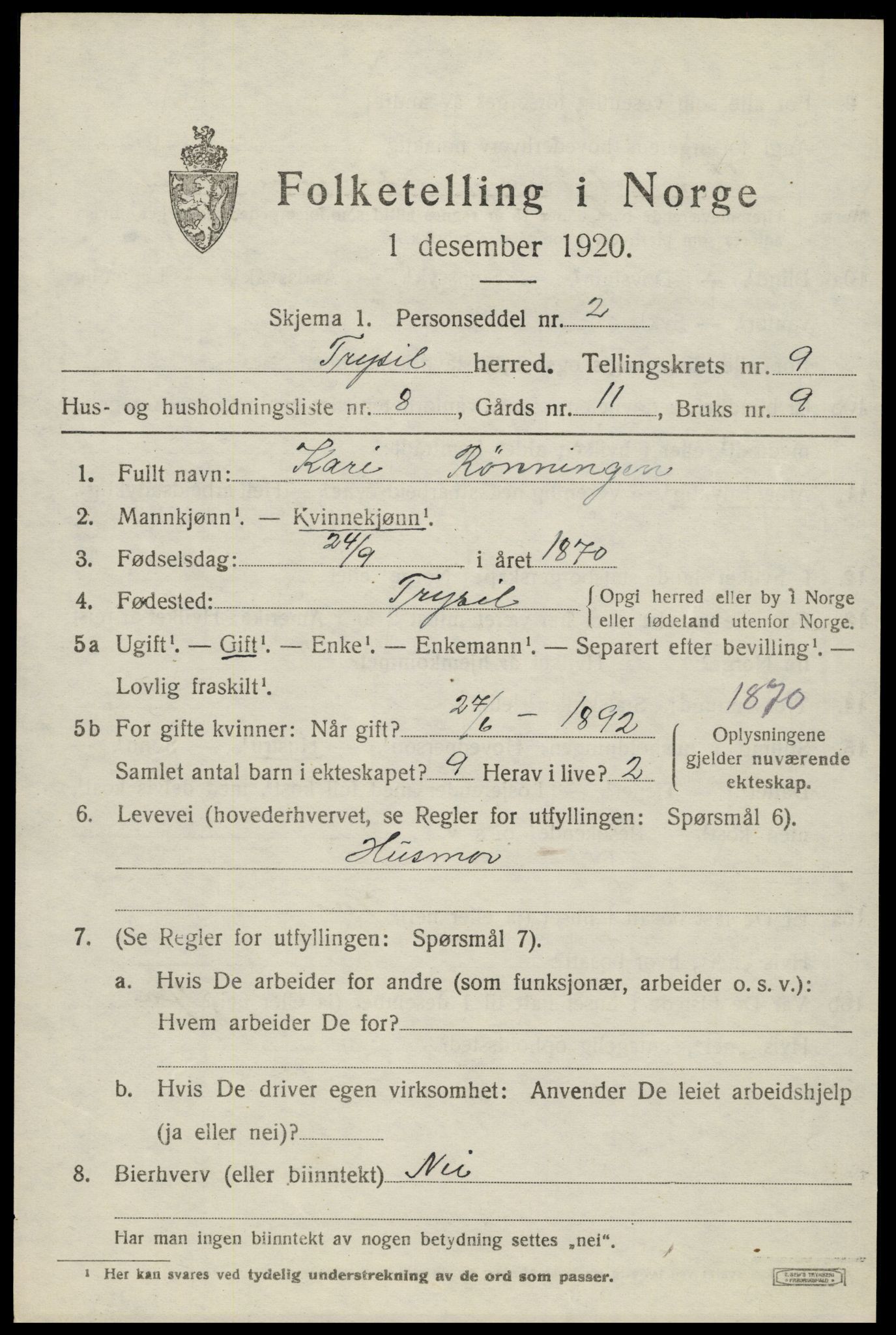 SAH, Folketelling 1920 for 0428 Trysil herred, 1920, s. 6633