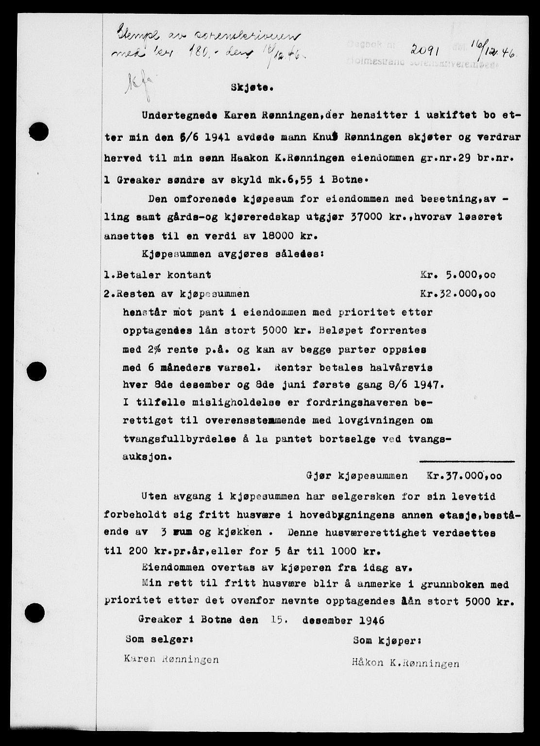 Holmestrand sorenskriveri, SAKO/A-67/G/Ga/Gaa/L0061: Pantebok nr. A-61, 1946-1947, Dagboknr: 2091/1946
