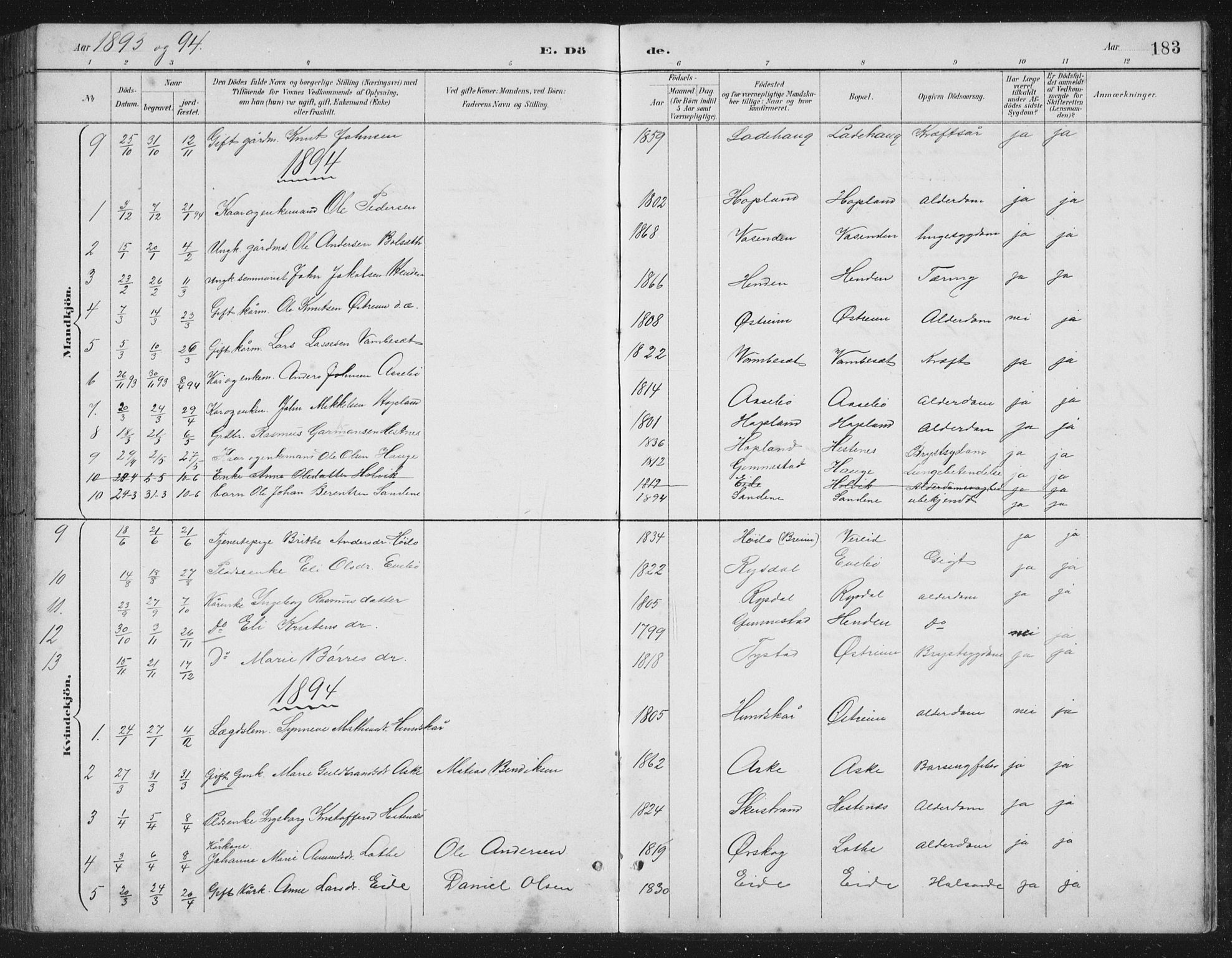 Gloppen sokneprestembete, AV/SAB-A-80101/H/Hab/Habb/L0002: Klokkerbok nr. B 2, 1889-1909, s. 183