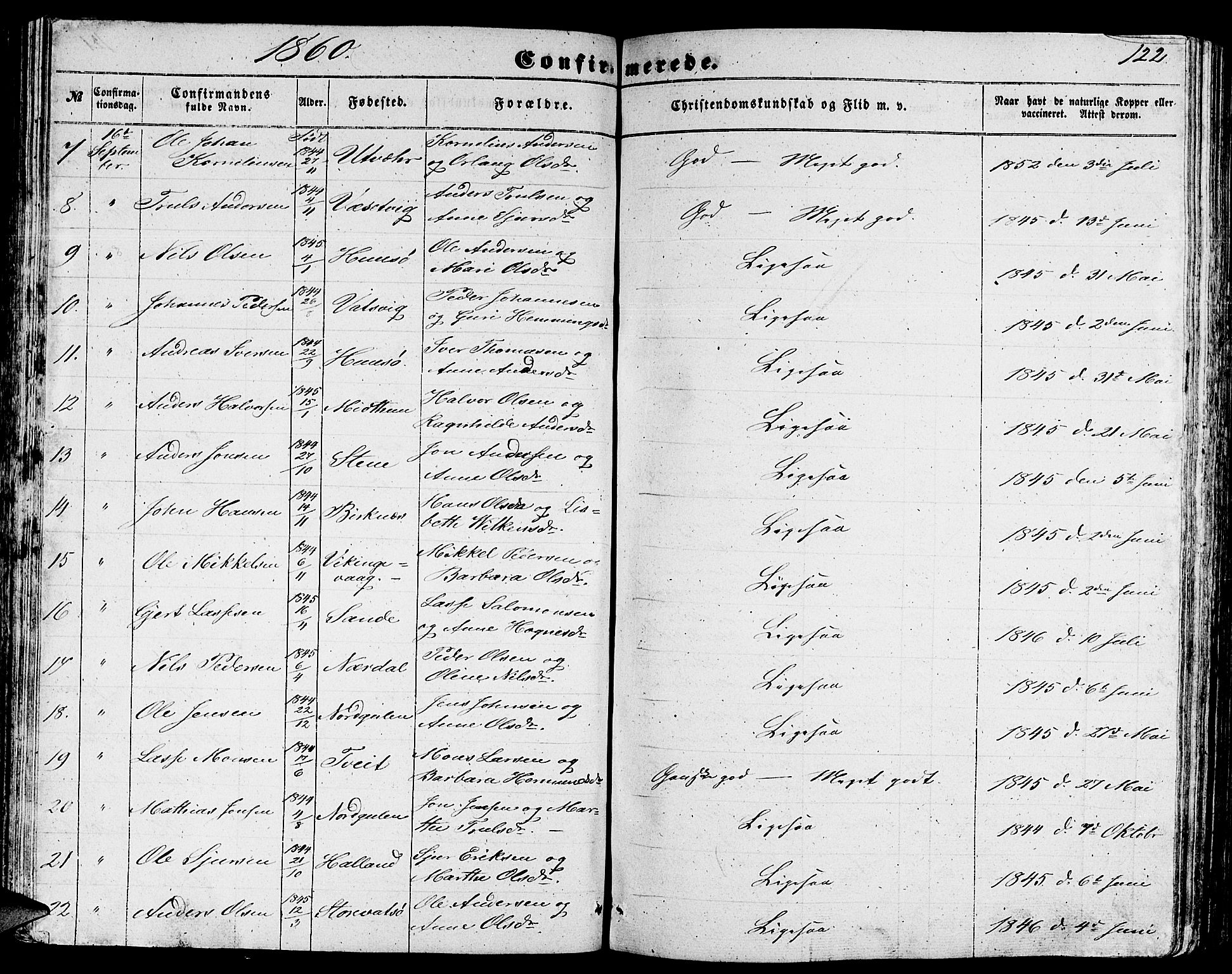 Gulen sokneprestembete, AV/SAB-A-80201/H/Hab/Habb/L0001: Klokkerbok nr. B 1, 1854-1866, s. 122