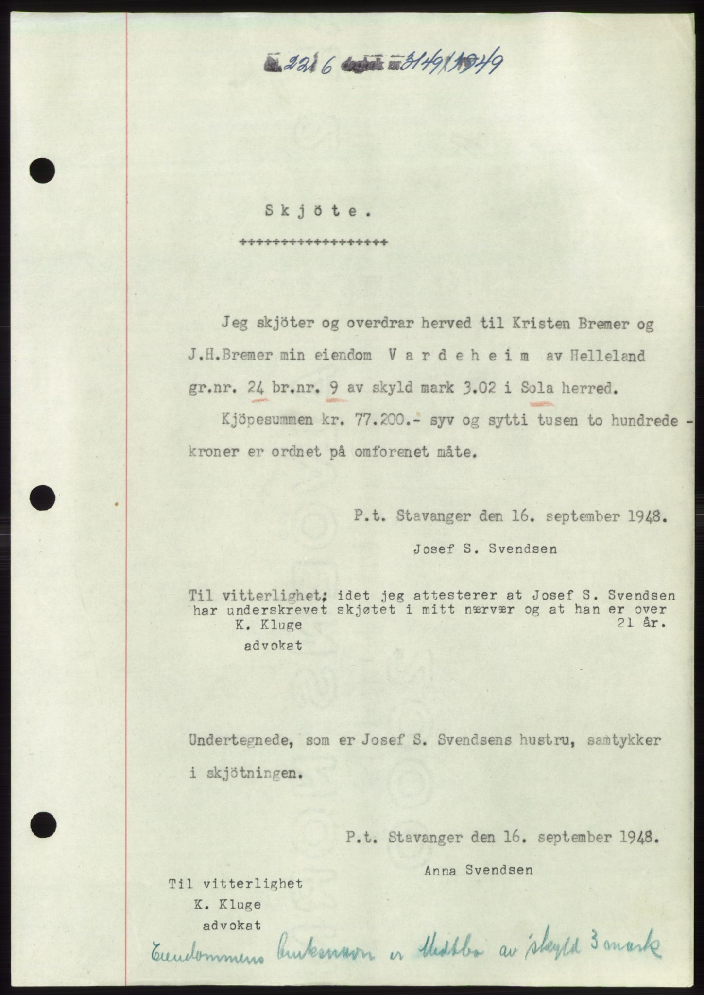 Jæren sorenskriveri, SAST/A-100310/03/G/Gba/L0103: Pantebok, 1949-1949, Dagboknr: 3149/1949