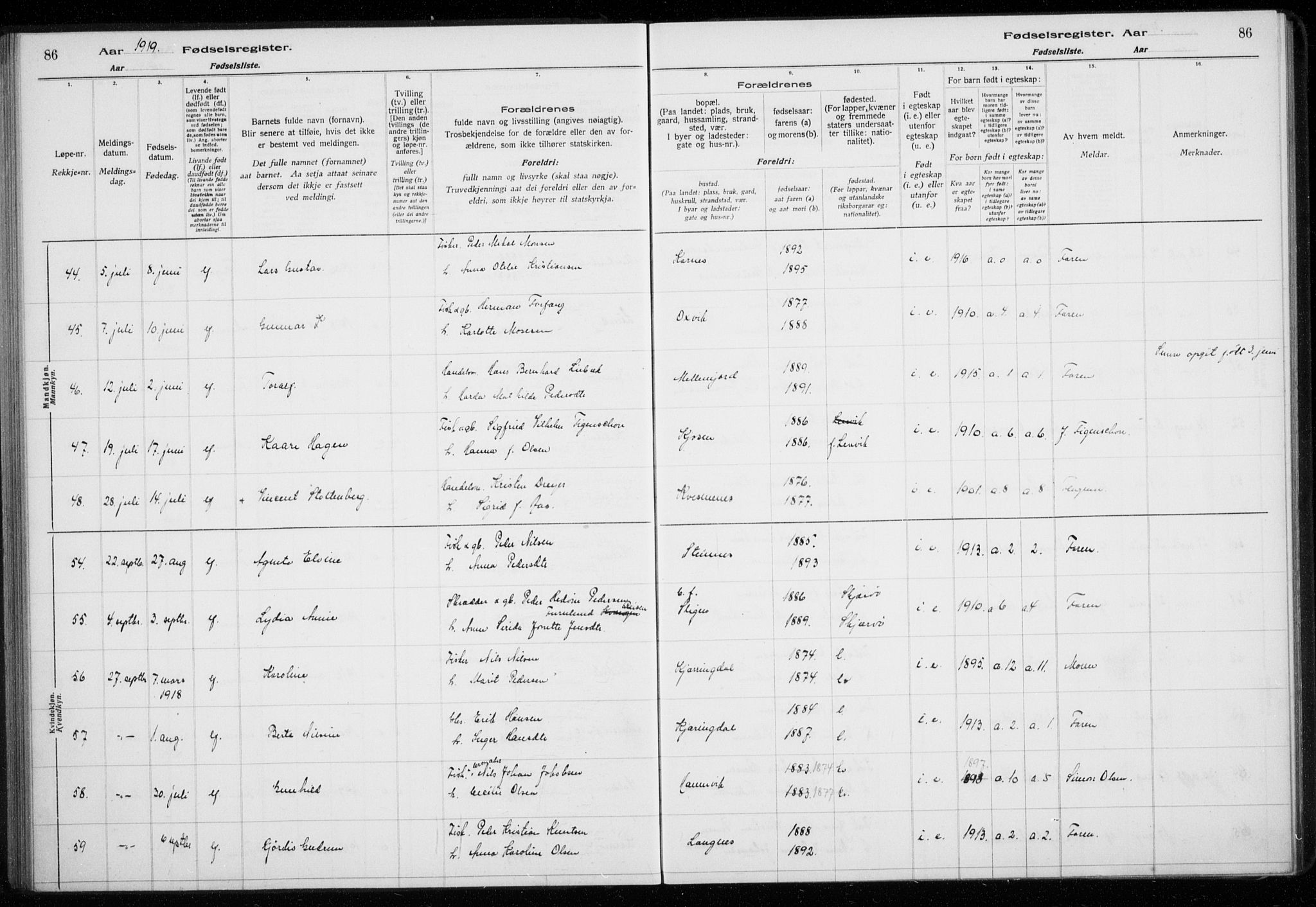 Lyngen sokneprestembete, AV/SATØ-S-1289/I/Ia/L0075: Fødselsregister nr. 75, 1916-1924, s. 86