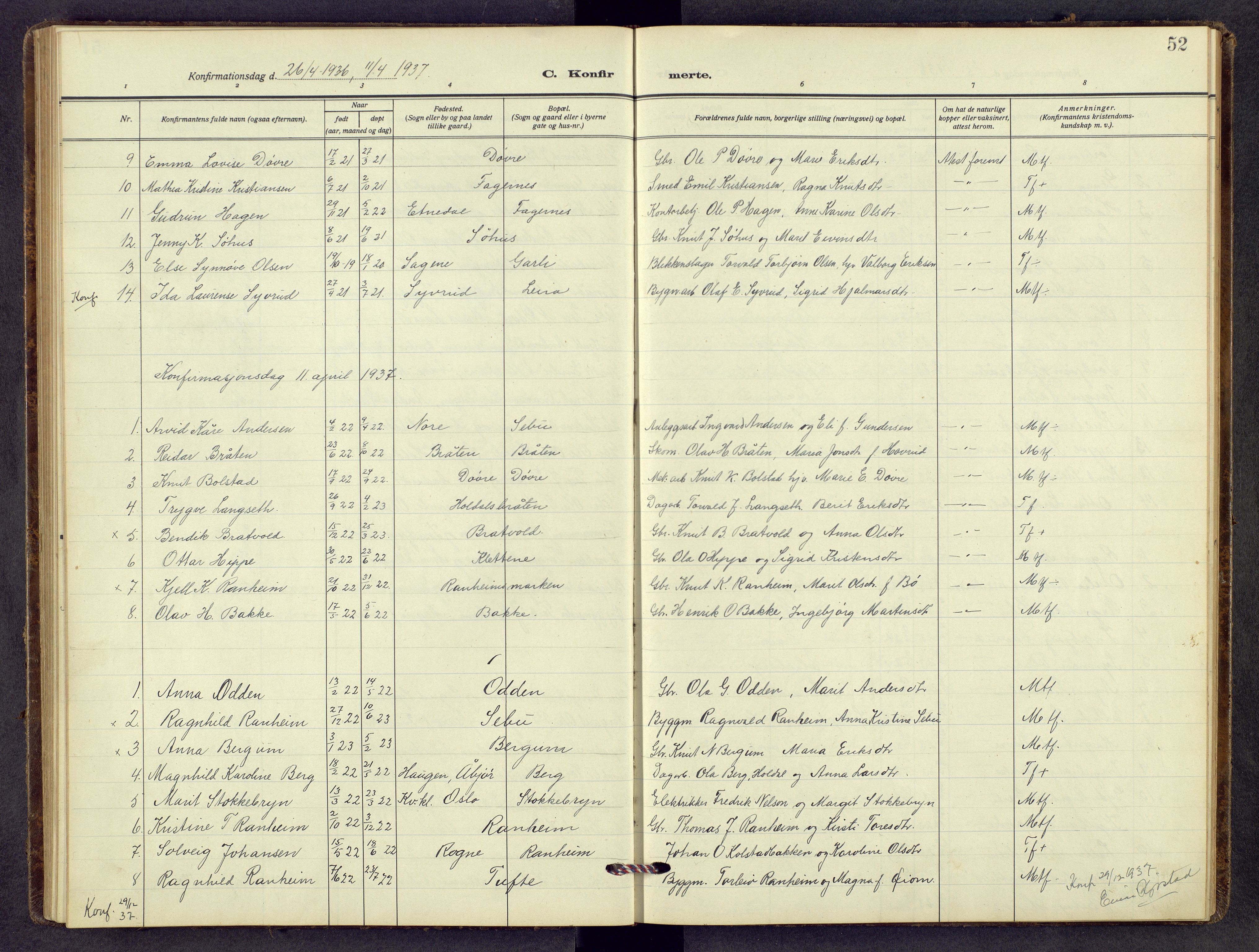 Nord-Aurdal prestekontor, SAH/PREST-132/H/Ha/Hab/L0018: Klokkerbok nr. 18, 1936-1960, s. 51b-52a