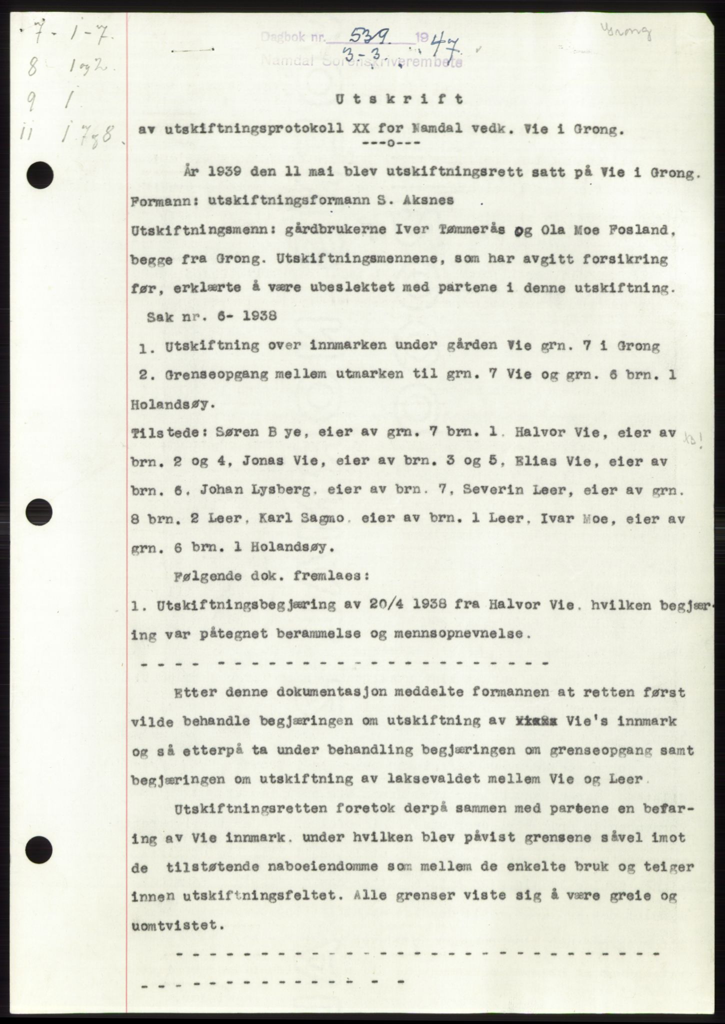 Namdal sorenskriveri, SAT/A-4133/1/2/2C: Pantebok nr. -, 1946-1947, Dagboknr: 539/1947