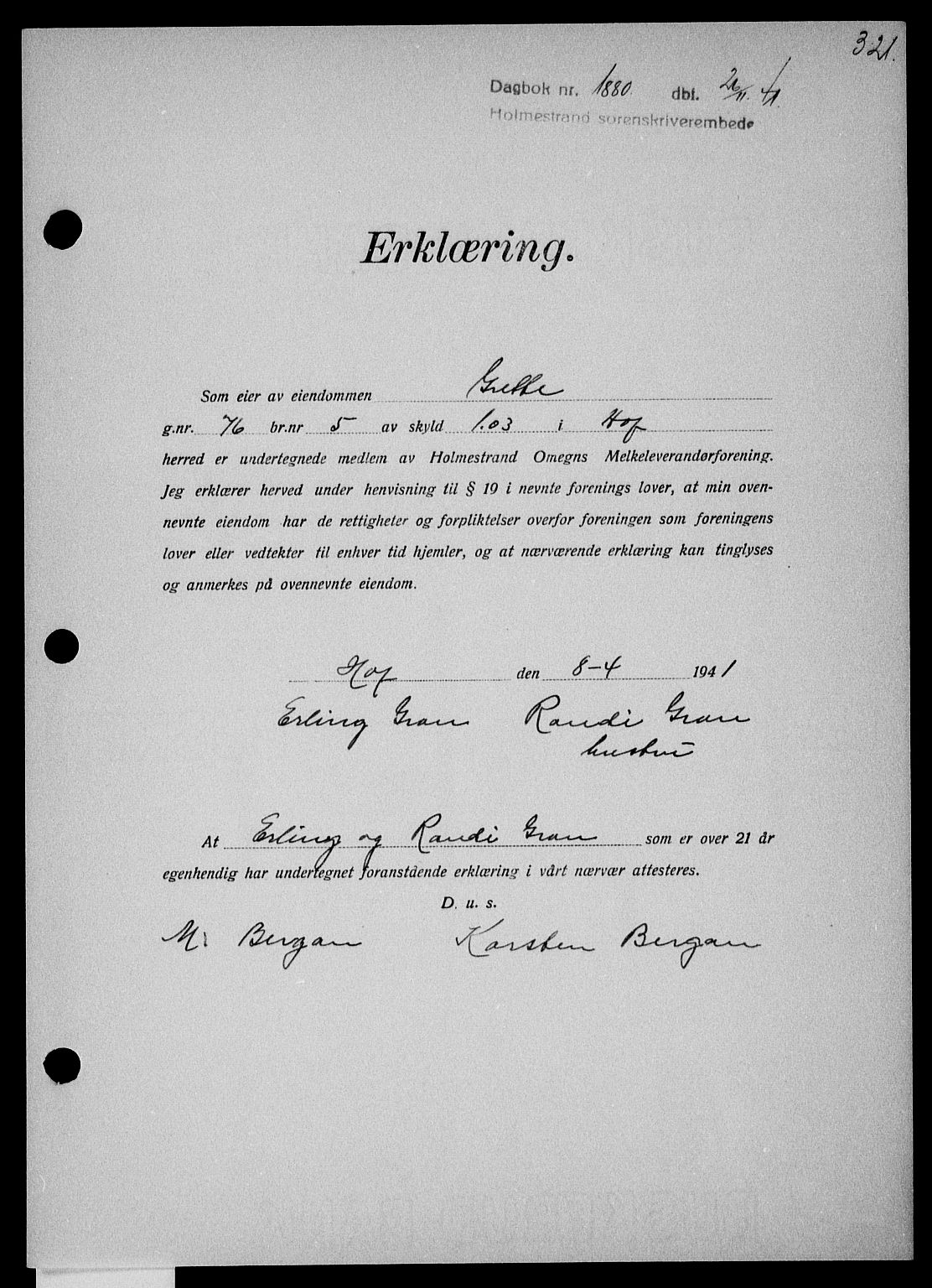 Holmestrand sorenskriveri, SAKO/A-67/G/Ga/Gaa/L0054: Pantebok nr. A-54, 1941-1942, Dagboknr: 1880/1941