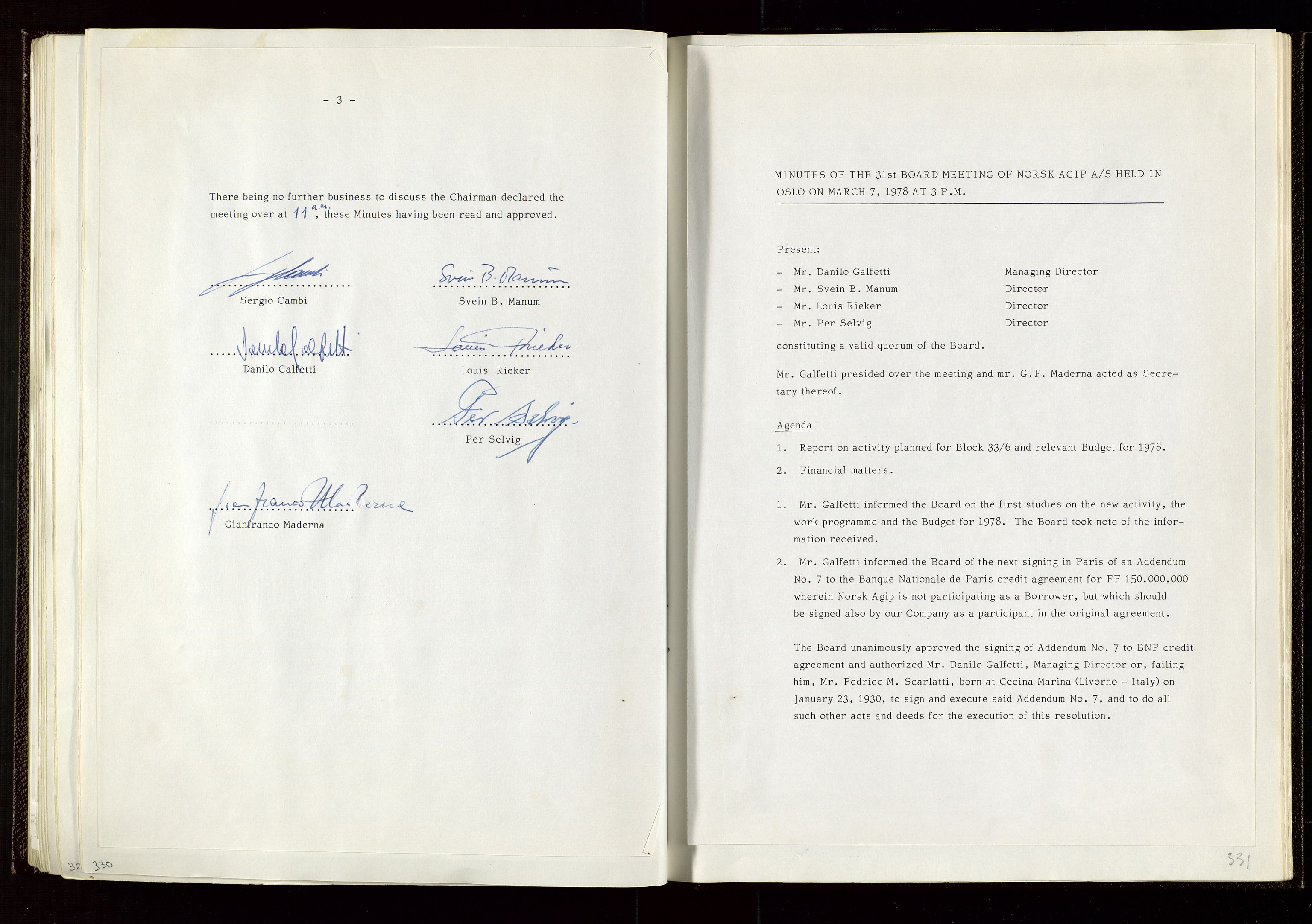 Pa 1583 - Norsk Agip AS, AV/SAST-A-102138/A/Aa/L0002: General assembly and Board of Directors meeting minutes, 1972-1979, s. 330-331