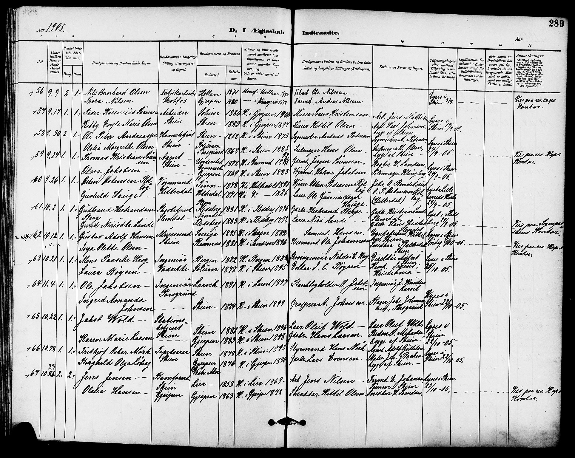 Skien kirkebøker, AV/SAKO-A-302/G/Ga/L0008: Klokkerbok nr. 8, 1900-1910, s. 289