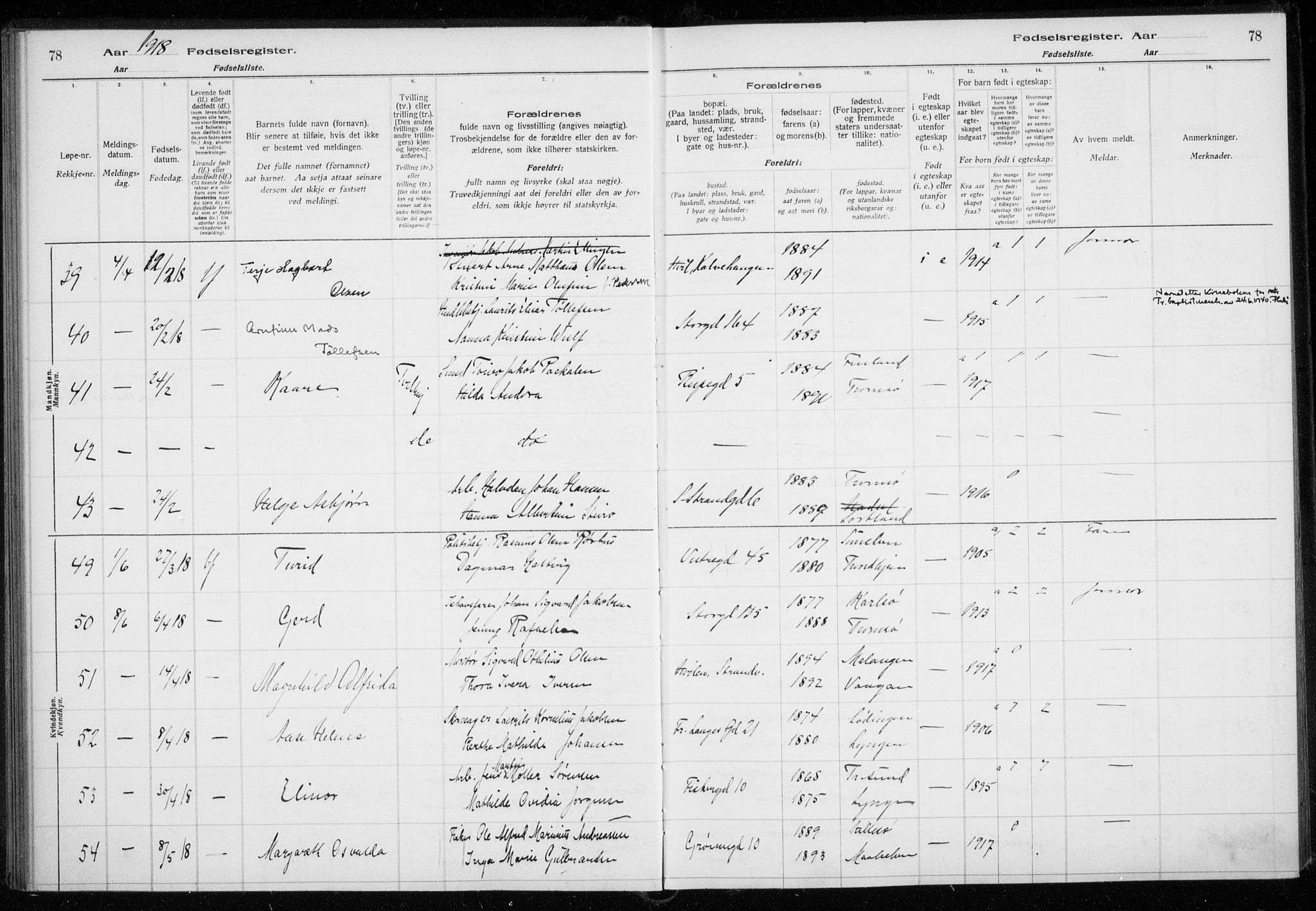 Tromsø sokneprestkontor/stiftsprosti/domprosti, AV/SATØ-S-1343/H/Ha/L0131: Fødselsregister nr. 131, 1916-1921, s. 78