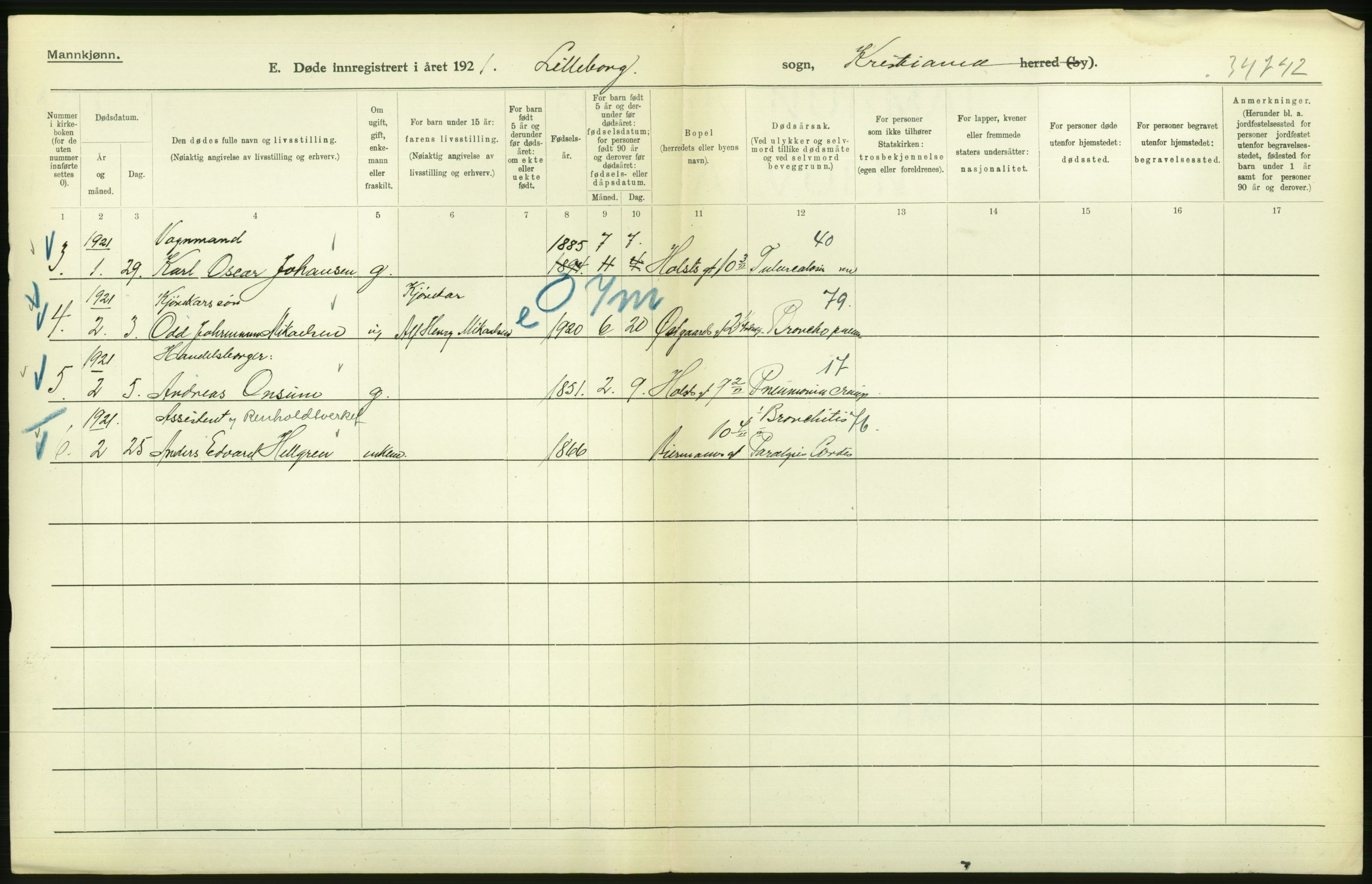 Statistisk sentralbyrå, Sosiodemografiske emner, Befolkning, AV/RA-S-2228/D/Df/Dfc/Dfca/L0012: Kristiania: Døde, 1921, s. 104