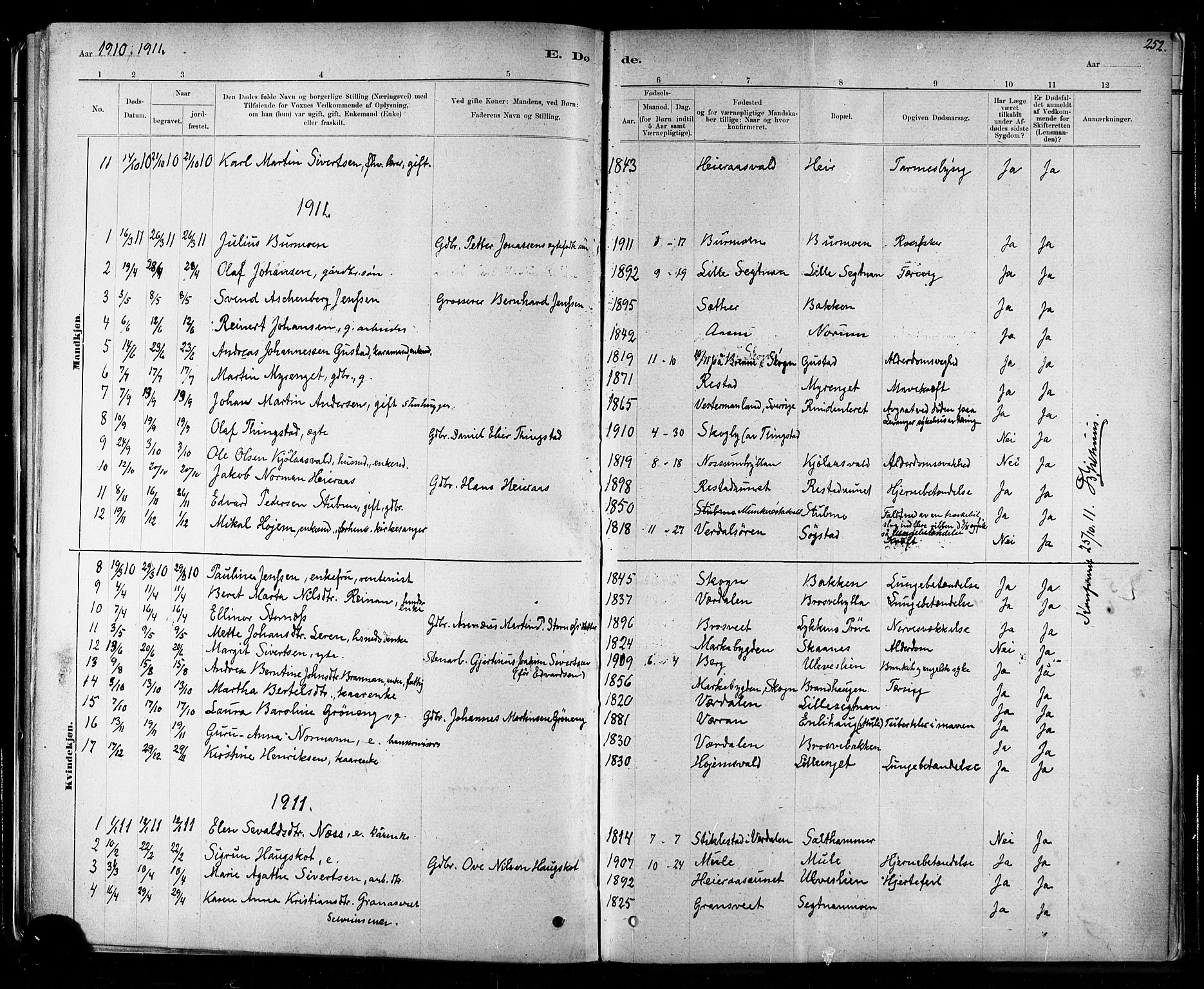 Ministerialprotokoller, klokkerbøker og fødselsregistre - Nord-Trøndelag, SAT/A-1458/721/L0208: Klokkerbok nr. 721C01, 1880-1917, s. 252a