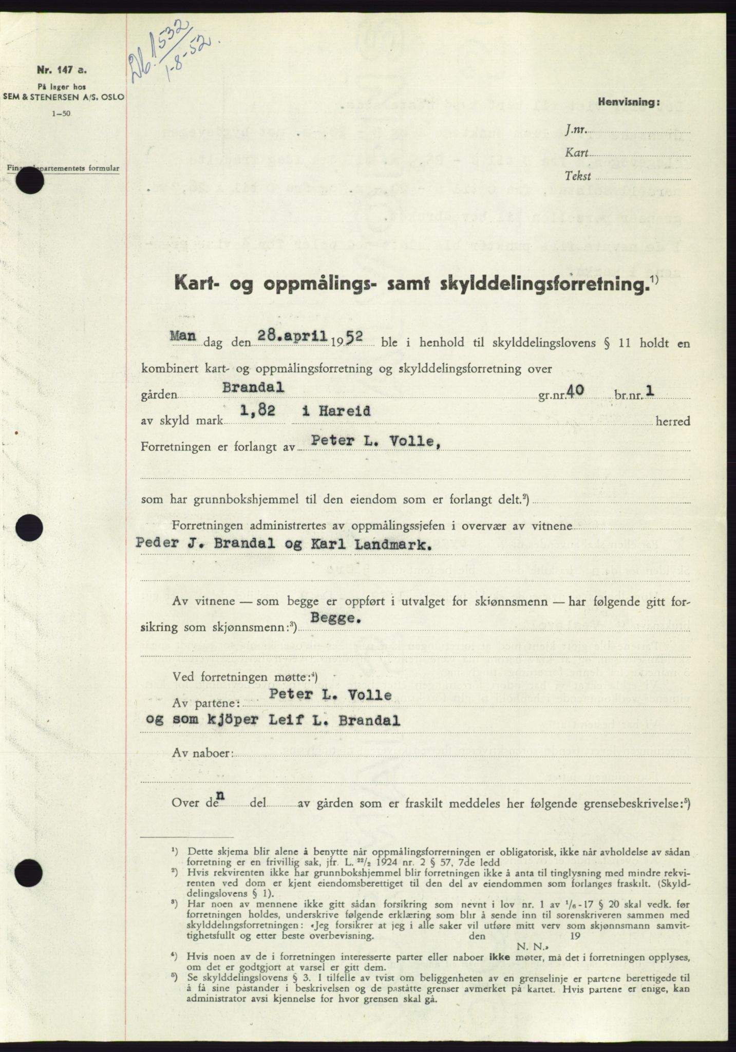 Søre Sunnmøre sorenskriveri, AV/SAT-A-4122/1/2/2C/L0092: Pantebok nr. 18A, 1952-1952, Dagboknr: 1532/1952