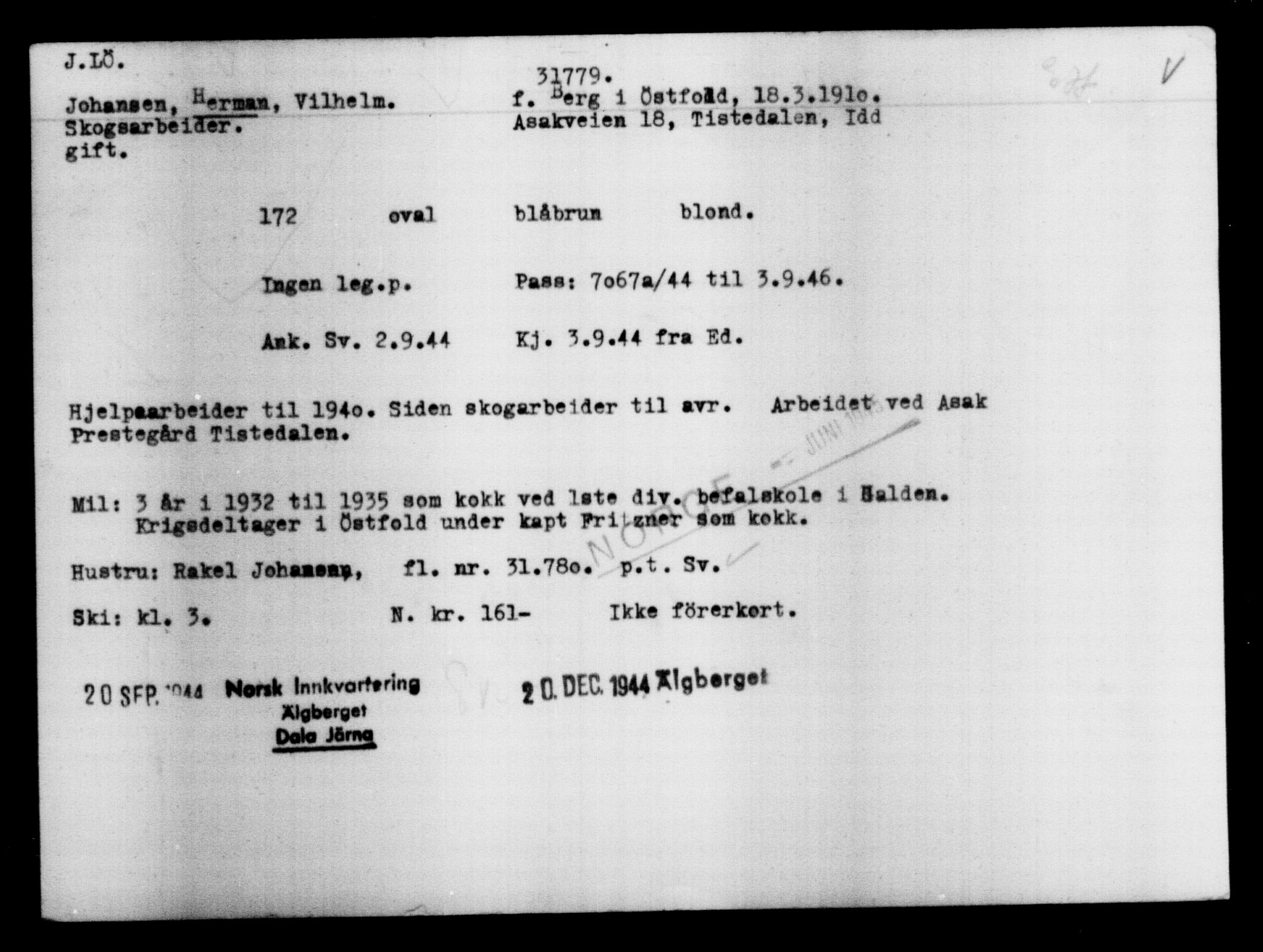 Utenriksstasjonene, Legasjonen i Stockholm, Flyktningkontoret, AV/RA-S-6753/V/Va/L0013: Kjesäterkartoteket, flyktning nr. 31500-34731, 1940-1945, s. 310