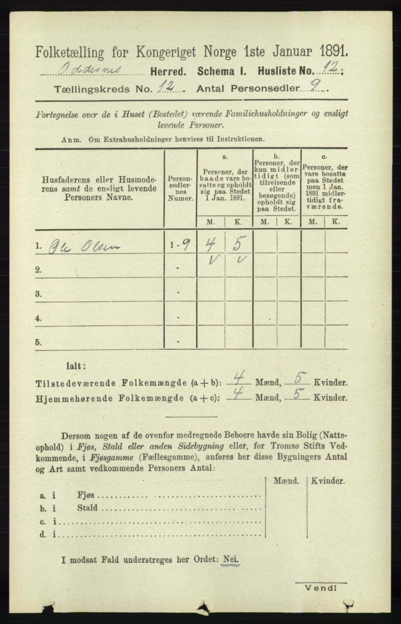 RA, Folketelling 1891 for 1012 Oddernes herred, 1891, s. 4322