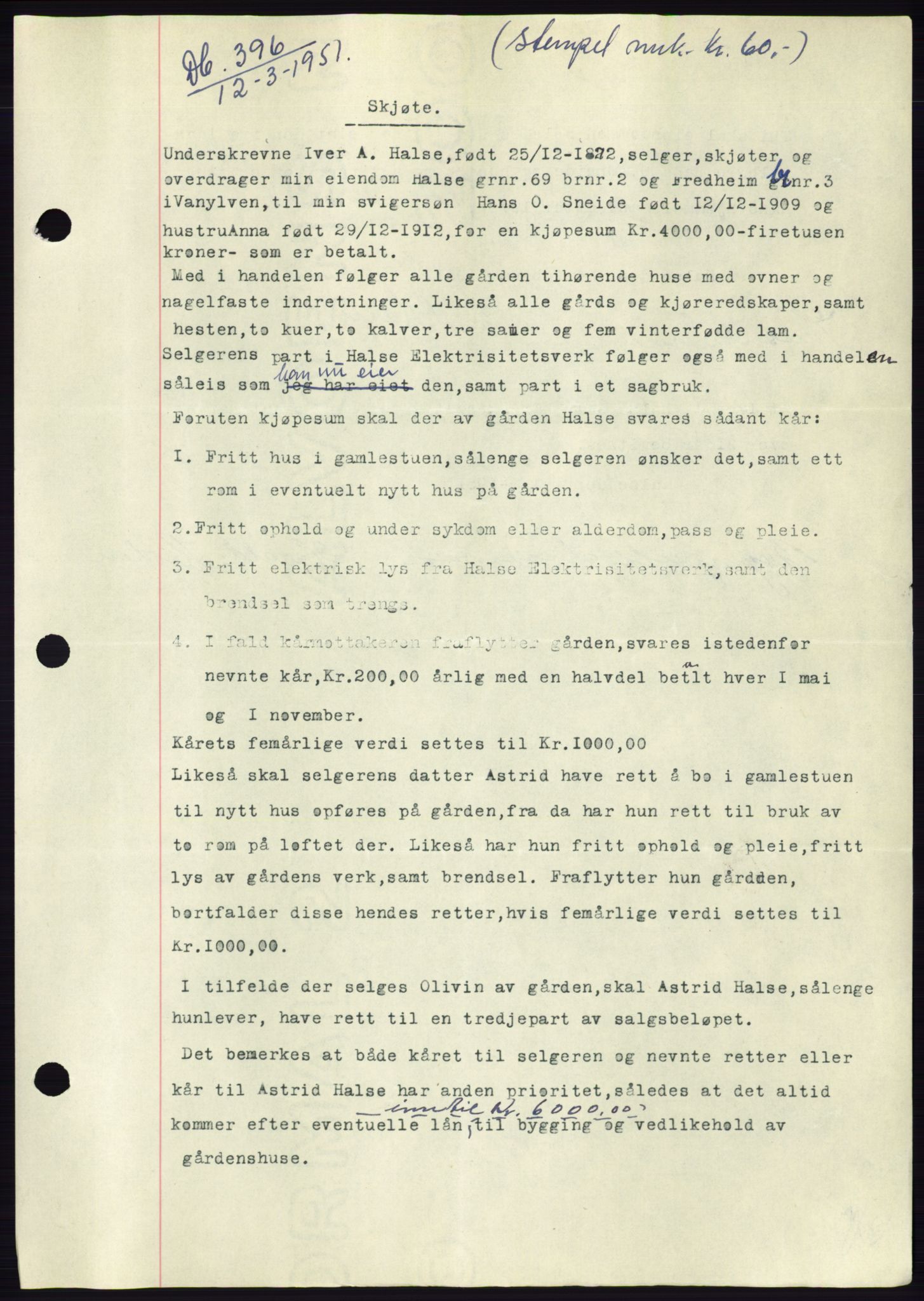 Søre Sunnmøre sorenskriveri, SAT/A-4122/1/2/2C/L0088: Pantebok nr. 14A, 1950-1951, Dagboknr: 396/1951