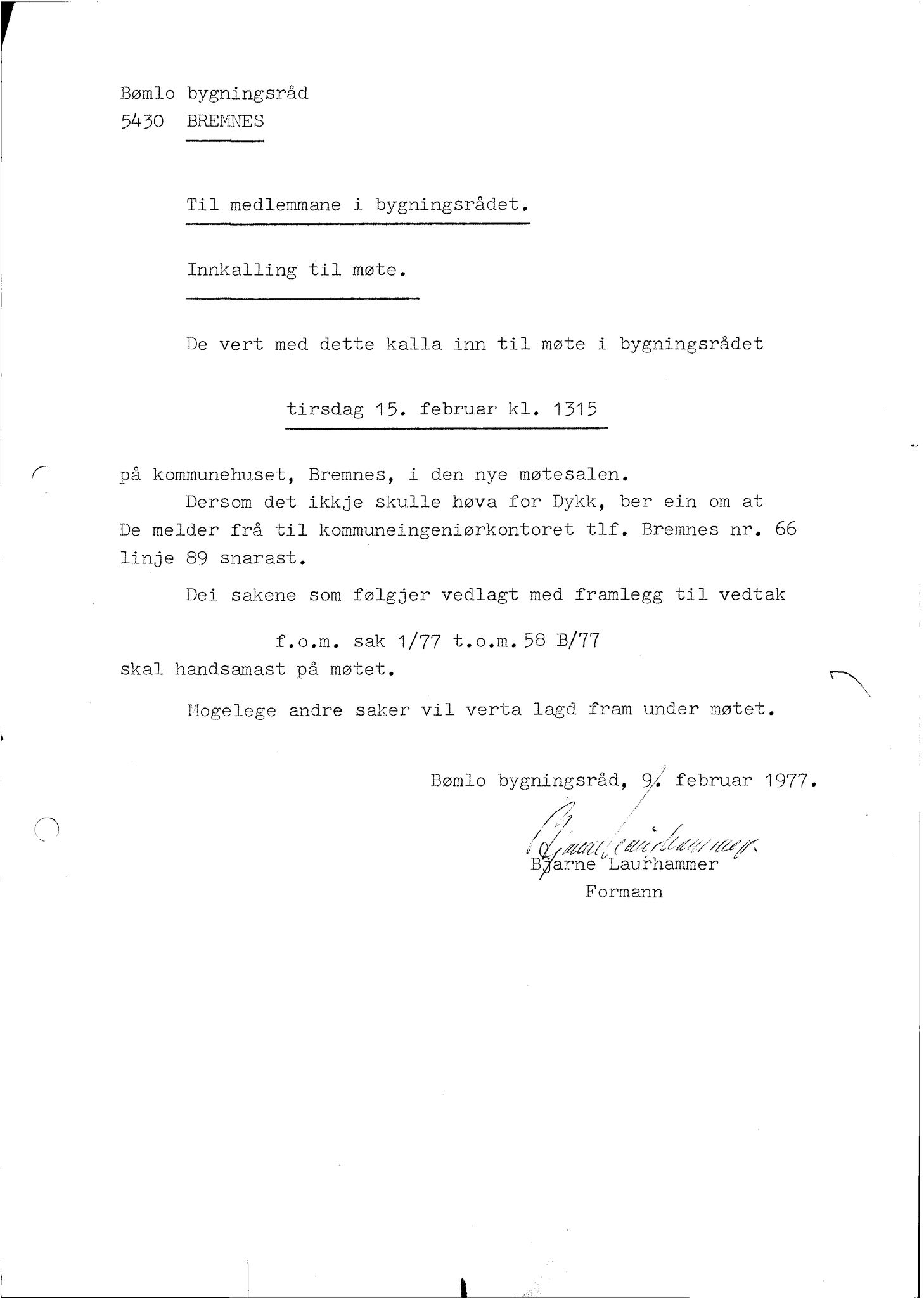 Bømlo kommune. Bygningsrådet , IKAH/1219-511/A/Aa/L0018: Møtebok for Bømlo bygningsråd, 1977