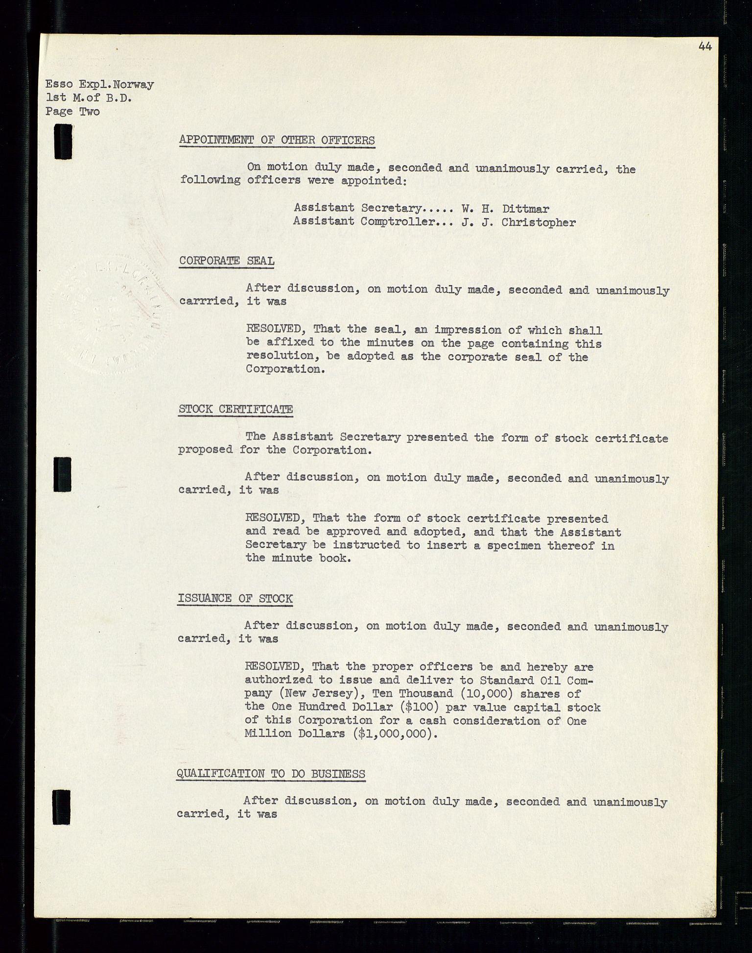 Pa 1512 - Esso Exploration and Production Norway Inc., SAST/A-101917/A/Aa/L0001/0001: Styredokumenter / Corporate records, By-Laws, Board meeting minutes, Incorporations, 1965-1975, s. 44