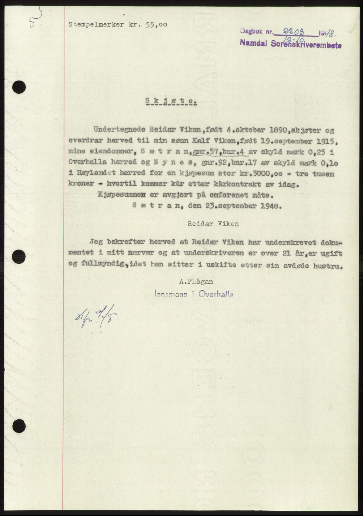 Namdal sorenskriveri, SAT/A-4133/1/2/2C: Pantebok nr. -, 1948-1948, Dagboknr: 2203/1948