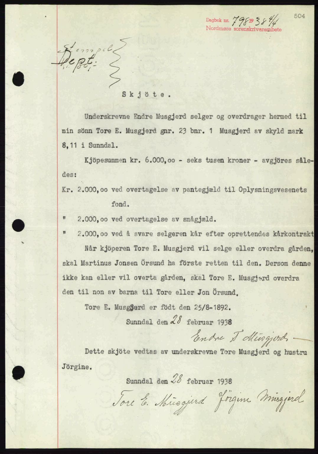 Nordmøre sorenskriveri, AV/SAT-A-4132/1/2/2Ca: Pantebok nr. A83, 1938-1938, Dagboknr: 798/1938