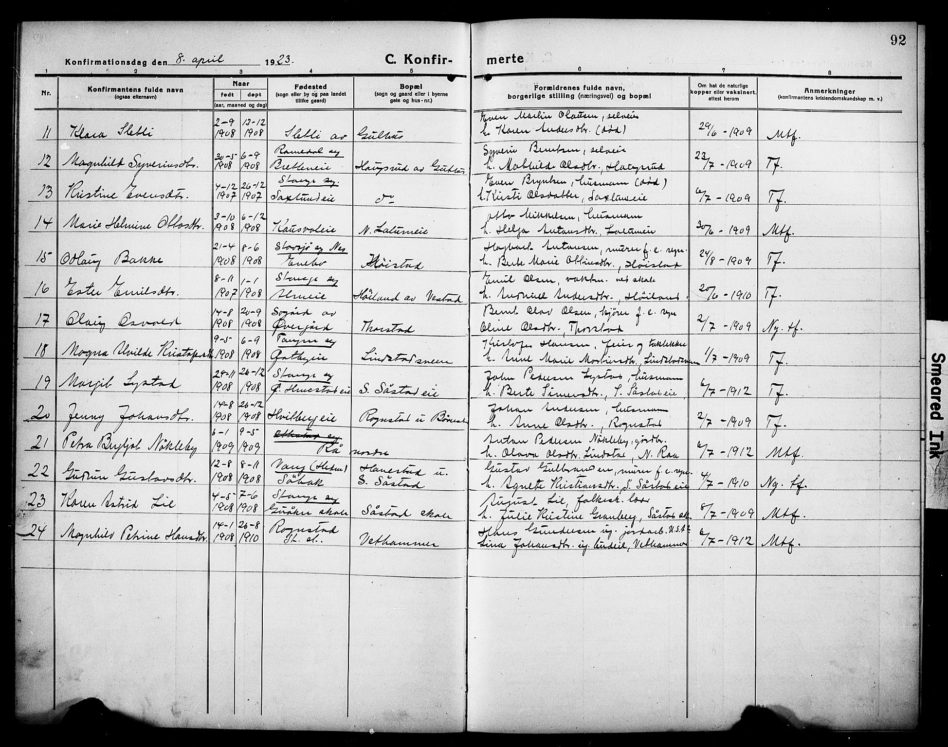 Stange prestekontor, AV/SAH-PREST-002/L/L0016: Klokkerbok nr. 16, 1918-1928, s. 92