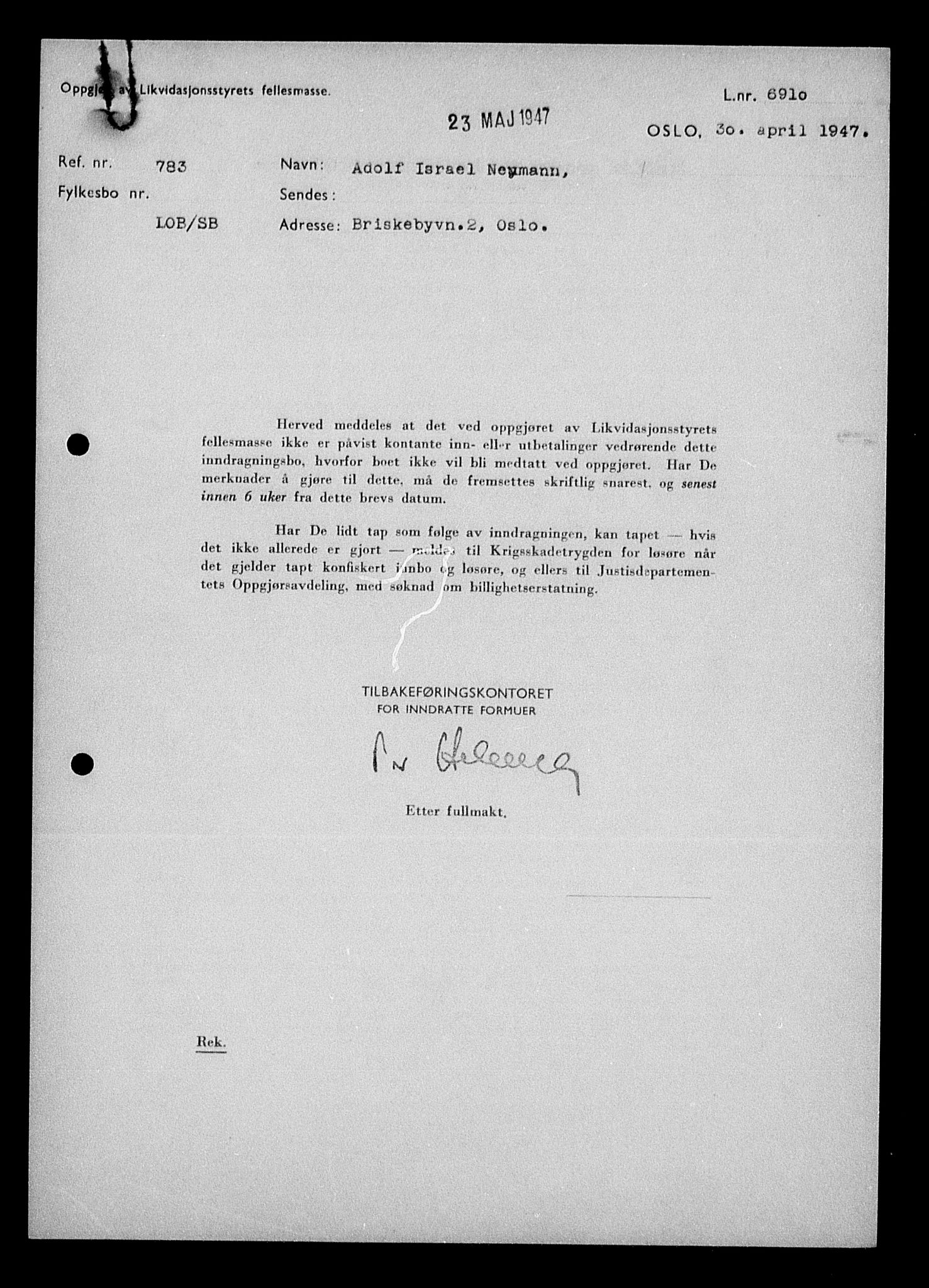 Justisdepartementet, Tilbakeføringskontoret for inndratte formuer, AV/RA-S-1564/H/Hc/Hcc/L0967: --, 1945-1947, s. 267