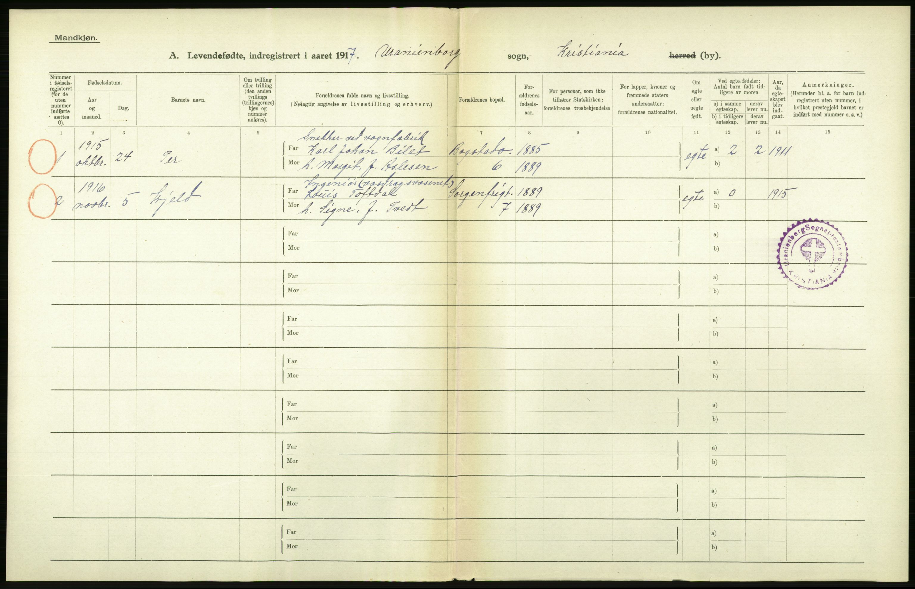 Statistisk sentralbyrå, Sosiodemografiske emner, Befolkning, AV/RA-S-2228/D/Df/Dfb/Dfbg/L0007: Kristiania: Levendefødte menn og kvinner., 1917, s. 280