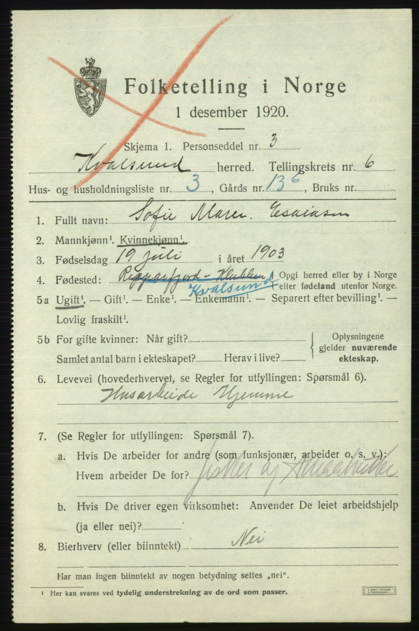SATØ, Folketelling 1920 for 2017 Kvalsund herred, 1920, s. 2020
