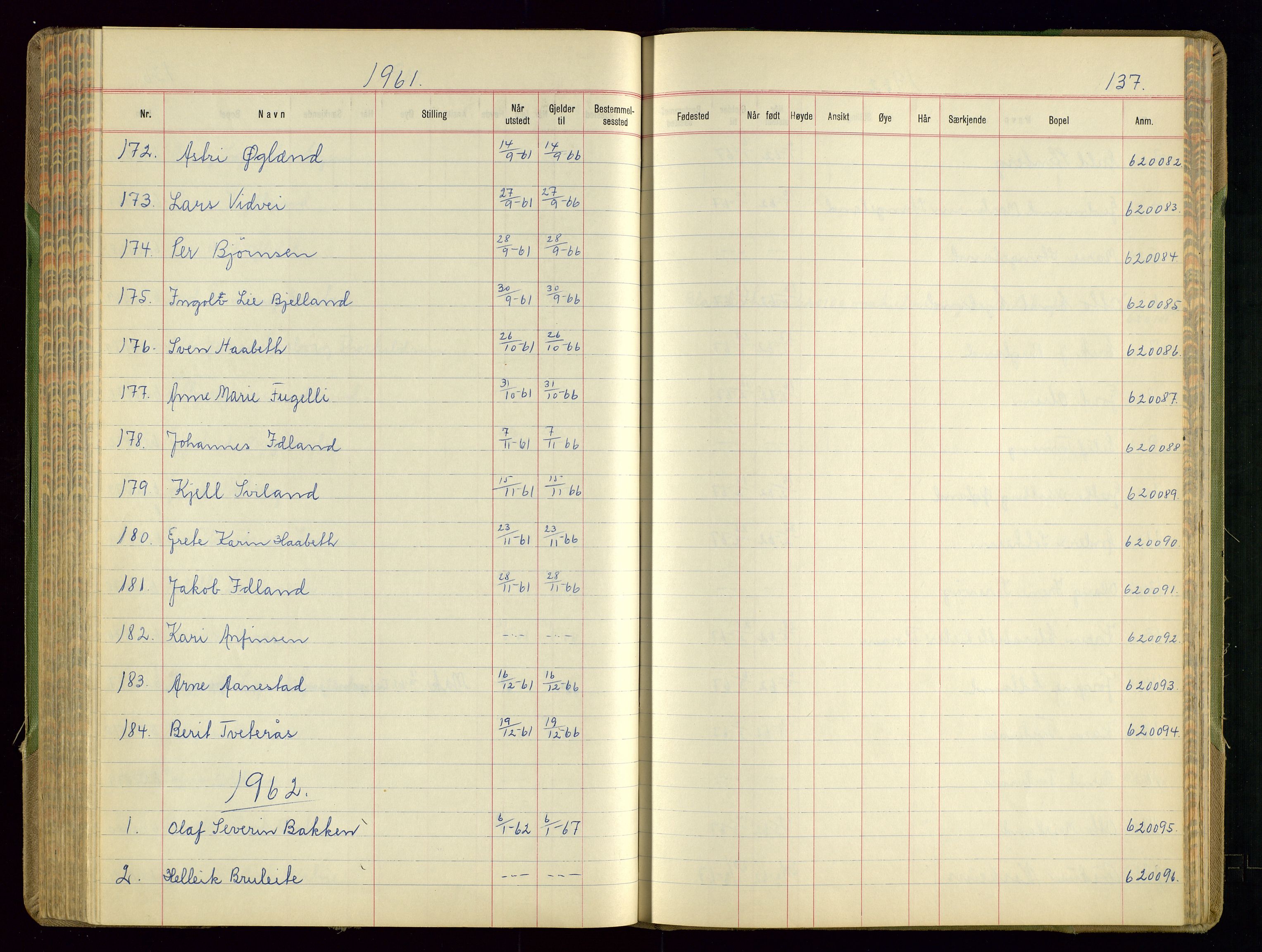 Sandnes politikammer, SAST/A-100446/K/L0008: Passprotokoll, 1951-1962, s. 137