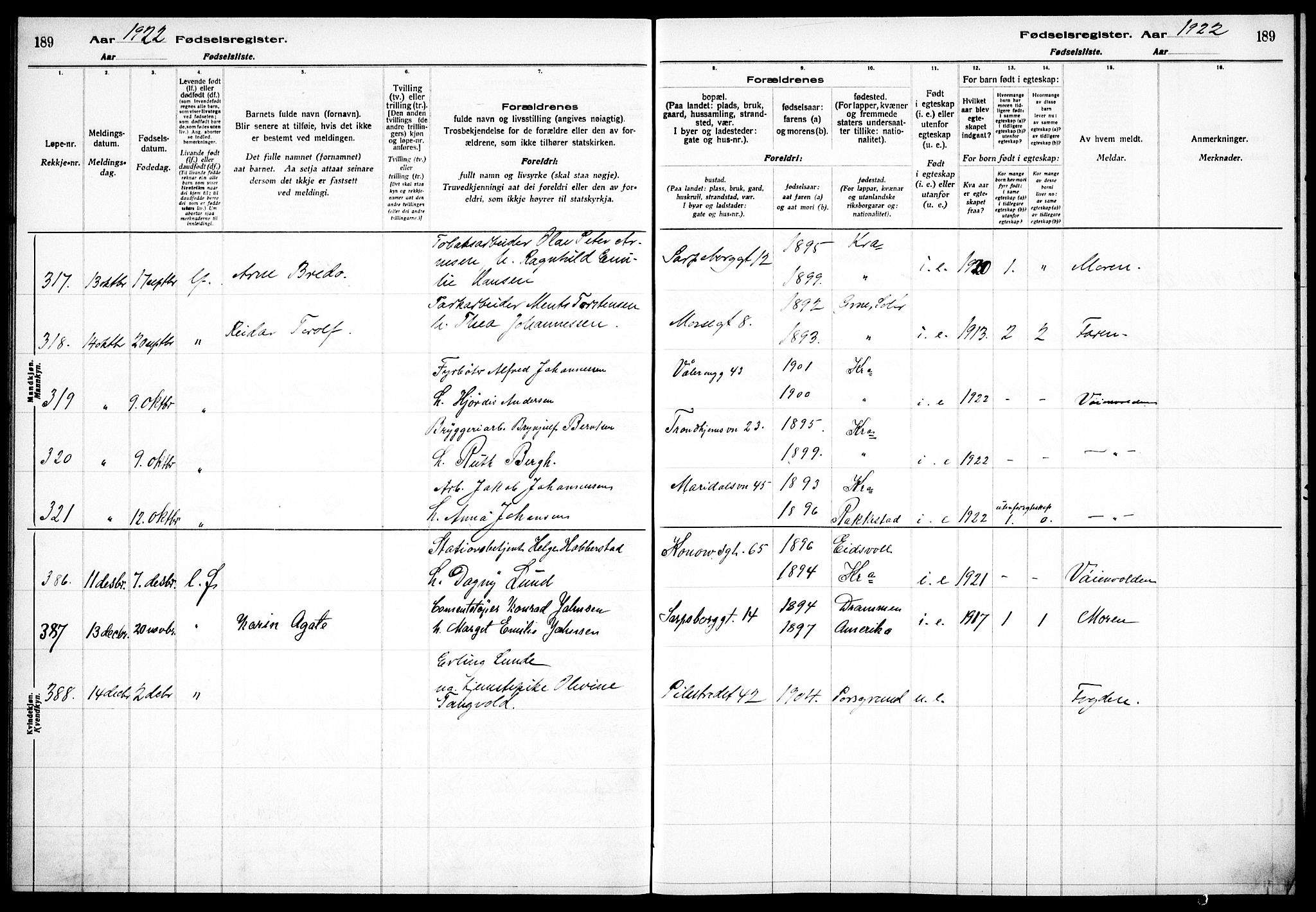 Sagene prestekontor Kirkebøker, AV/SAO-A-10796/J/L0002: Fødselsregister nr. 2, 1920-1922, s. 189