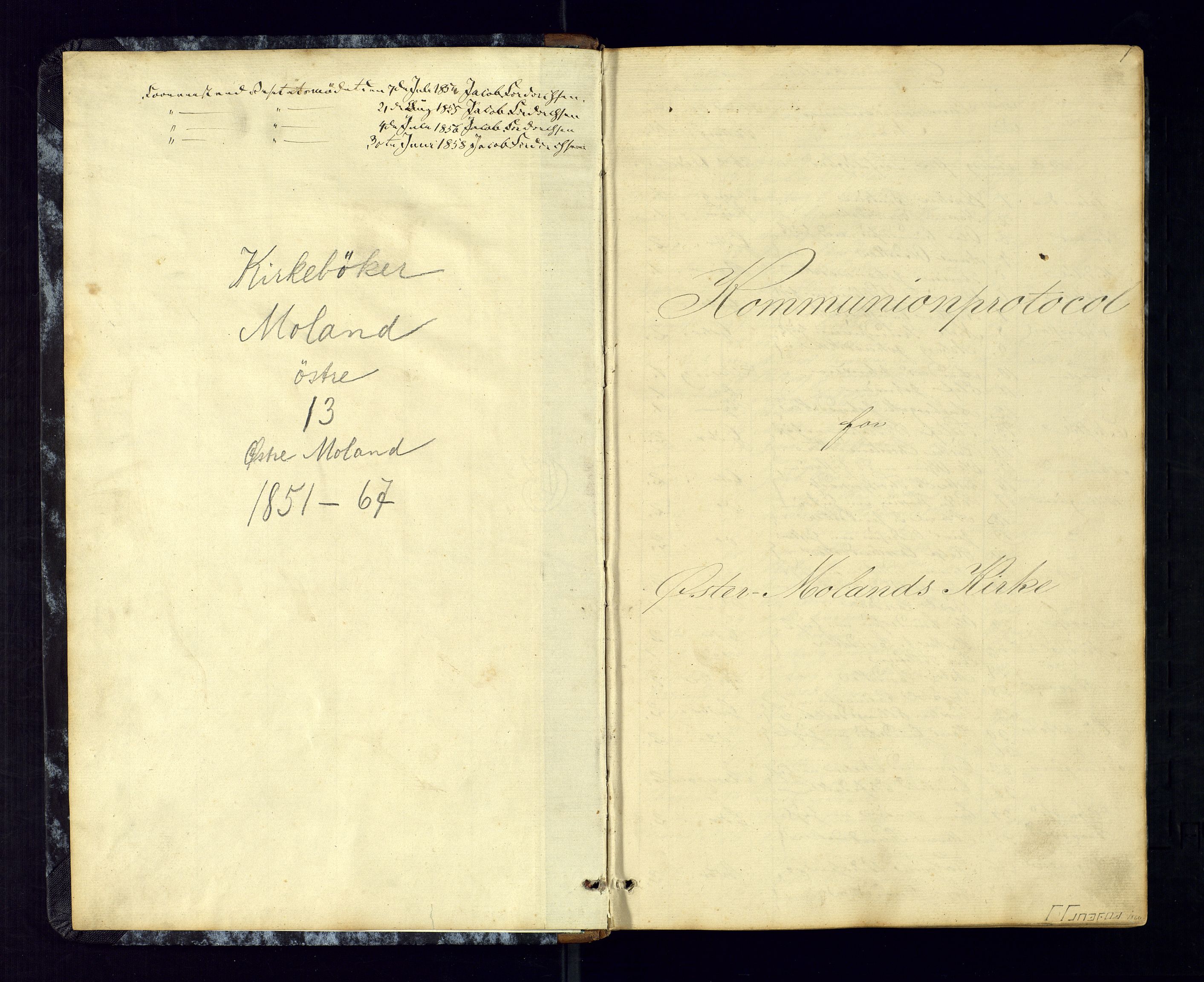 Austre Moland sokneprestkontor, AV/SAK-1111-0001/F/Fc/Fca/L0002: Kommunikantprotokoll nr. C-2, 1851-1867