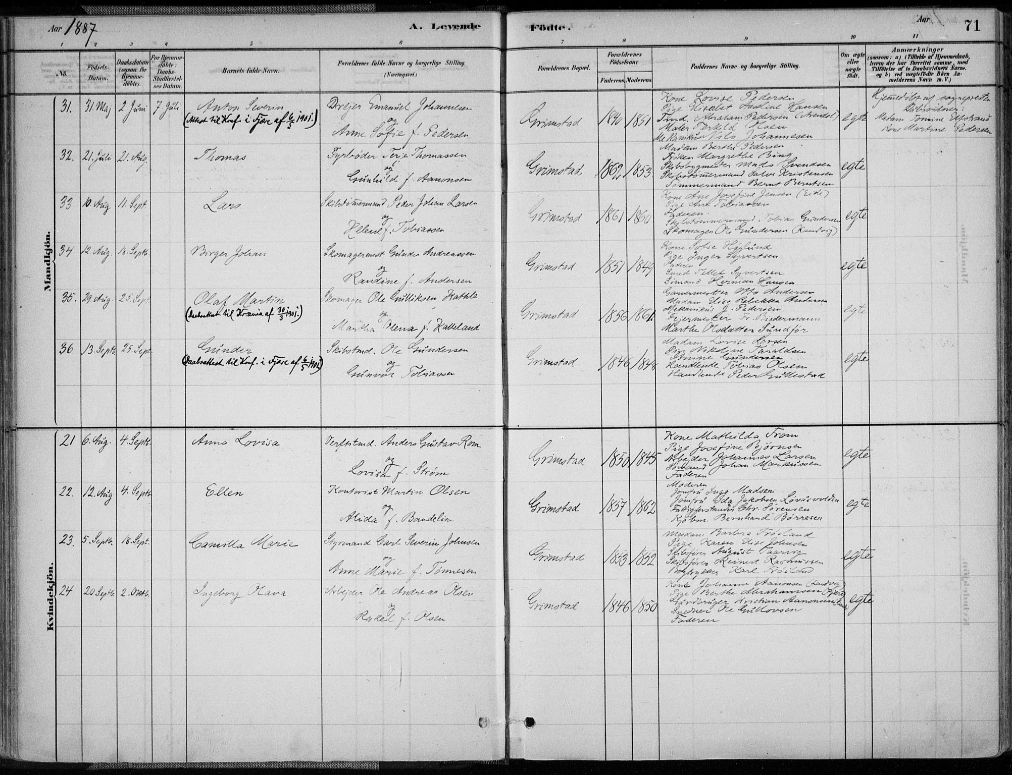 Grimstad sokneprestkontor, AV/SAK-1111-0017/F/Fa/L0003: Ministerialbok nr. A 2, 1882-1912, s. 71