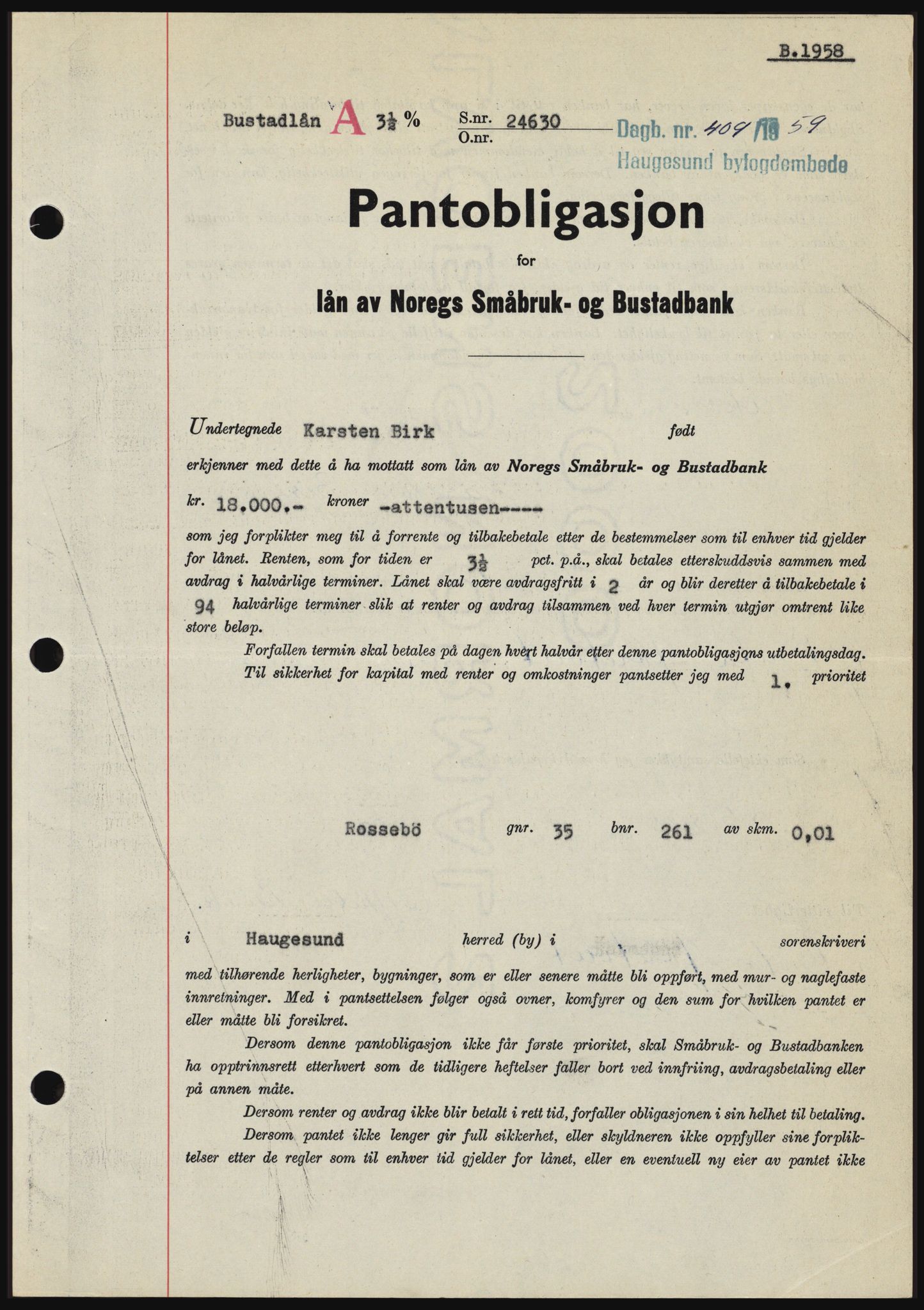 Haugesund tingrett, SAST/A-101415/01/II/IIC/L0045: Pantebok nr. B 45, 1959-1959, Dagboknr: 409/1959