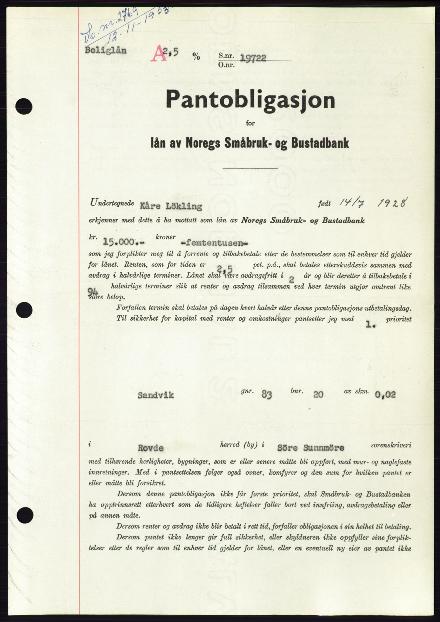 Søre Sunnmøre sorenskriveri, AV/SAT-A-4122/1/2/2C/L0124: Pantebok nr. 12B, 1953-1954, Dagboknr: 2769/1953