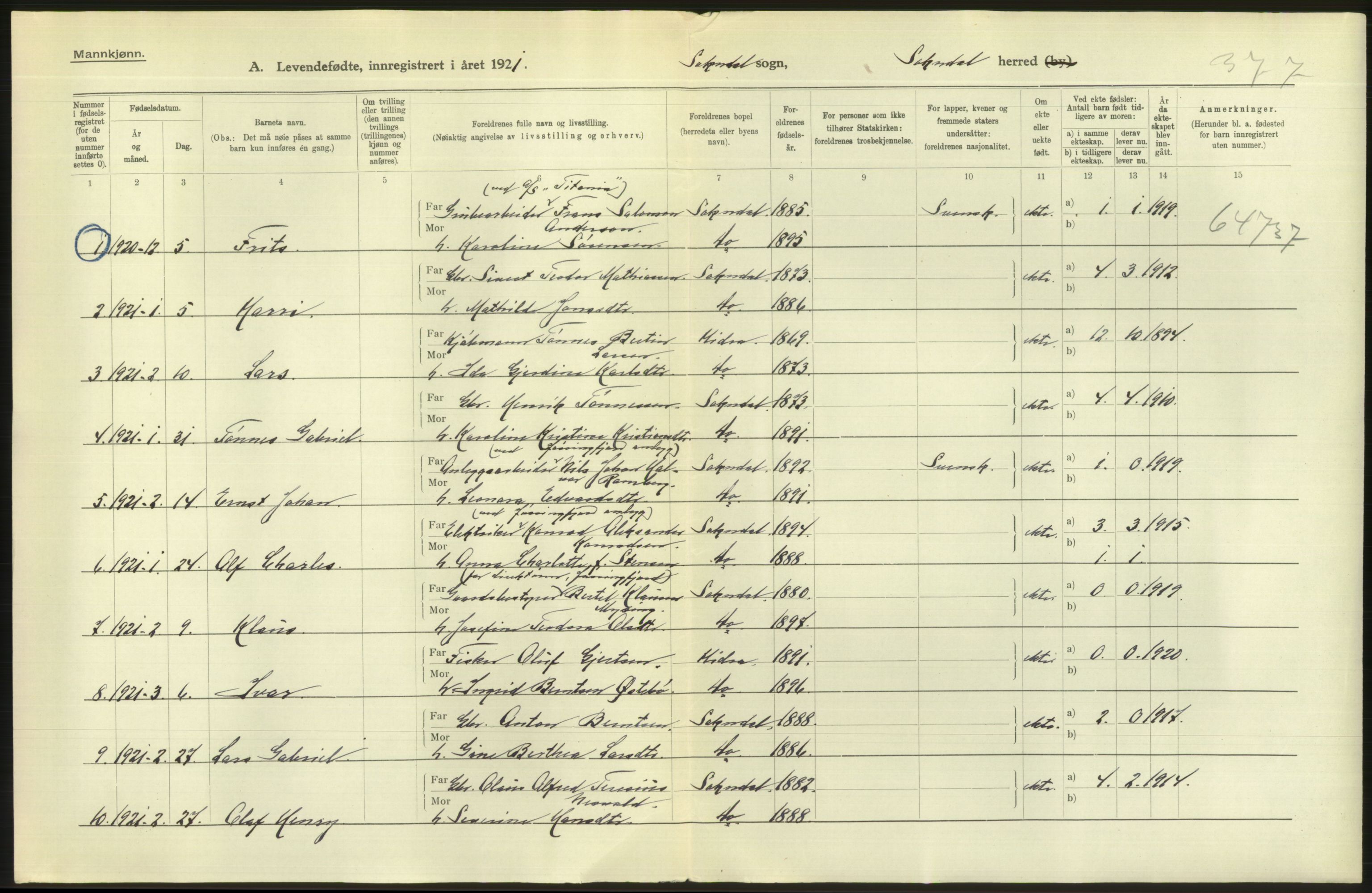 Statistisk sentralbyrå, Sosiodemografiske emner, Befolkning, RA/S-2228/D/Df/Dfc/Dfca/L0028: Rogaland fylke: Levendefødte menn og kvinner. Bygder., 1921, s. 2