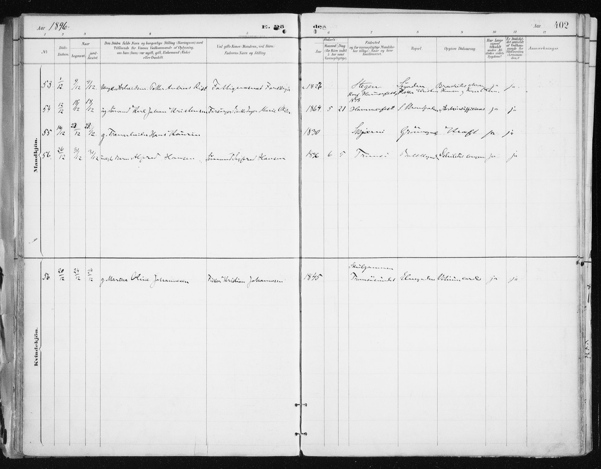 Tromsø sokneprestkontor/stiftsprosti/domprosti, AV/SATØ-S-1343/G/Ga/L0015kirke: Ministerialbok nr. 15, 1889-1899, s. 402