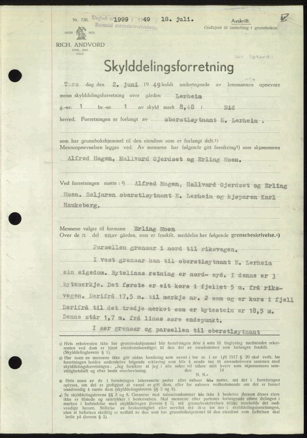 Romsdal sorenskriveri, SAT/A-4149/1/2/2C: Pantebok nr. A30, 1949-1949, Dagboknr: 1999/1949