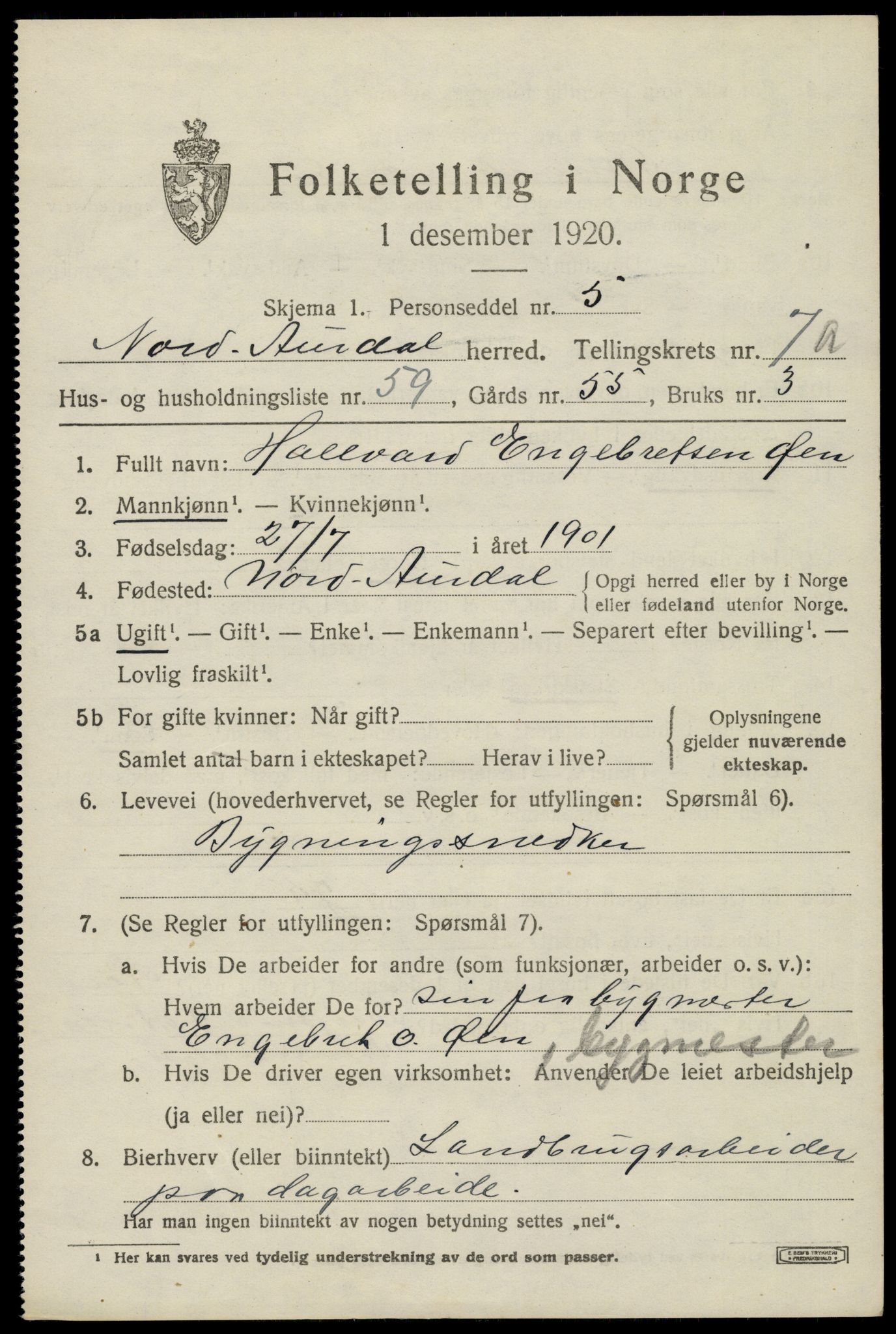 SAH, Folketelling 1920 for 0542 Nord-Aurdal herred, 1920, s. 6652